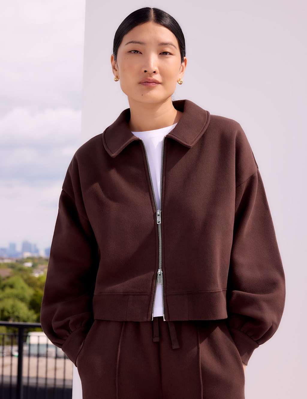 RO&ZO Cotton Rich Relaxed Collared Bomber Jacket Brown