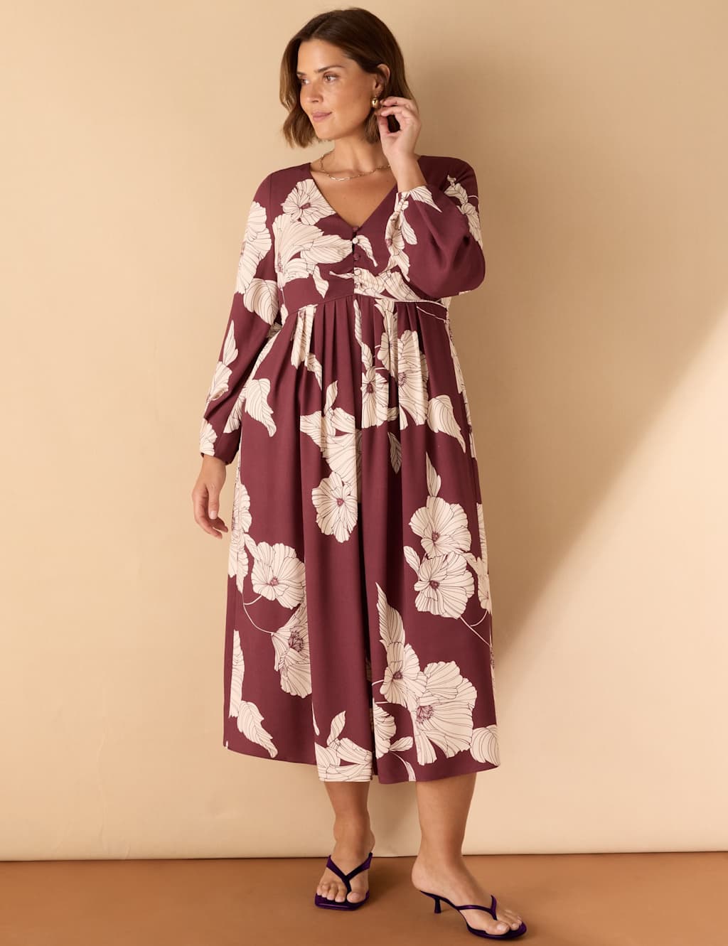 Live Unlimited London Floral V-Neck Midaxi Kimono Dress Burgundy