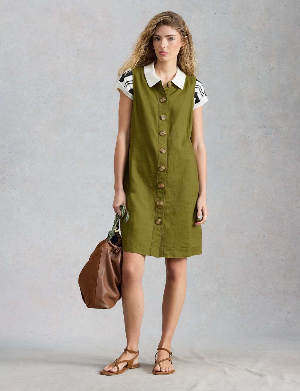 White Stuff Women's Pure Linen Button Through Mini Shift Dress - 14 - Green - Available at M&S