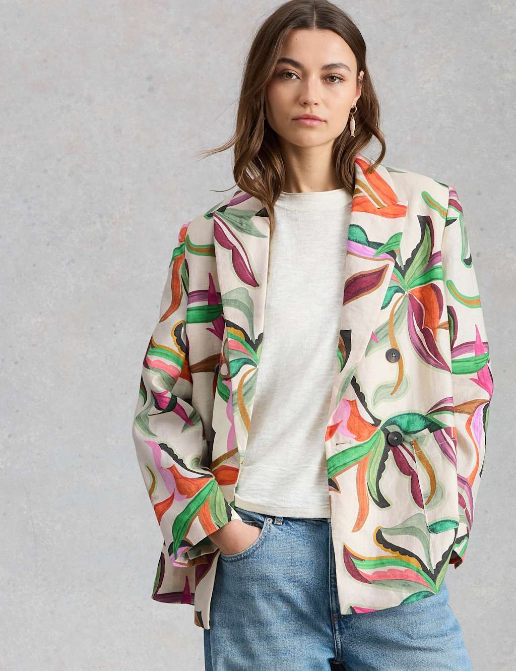 White Stuff Women's Pure Linen Relaxed Double Breasted Blazer - 16 - Natural Mix - Available at M&S