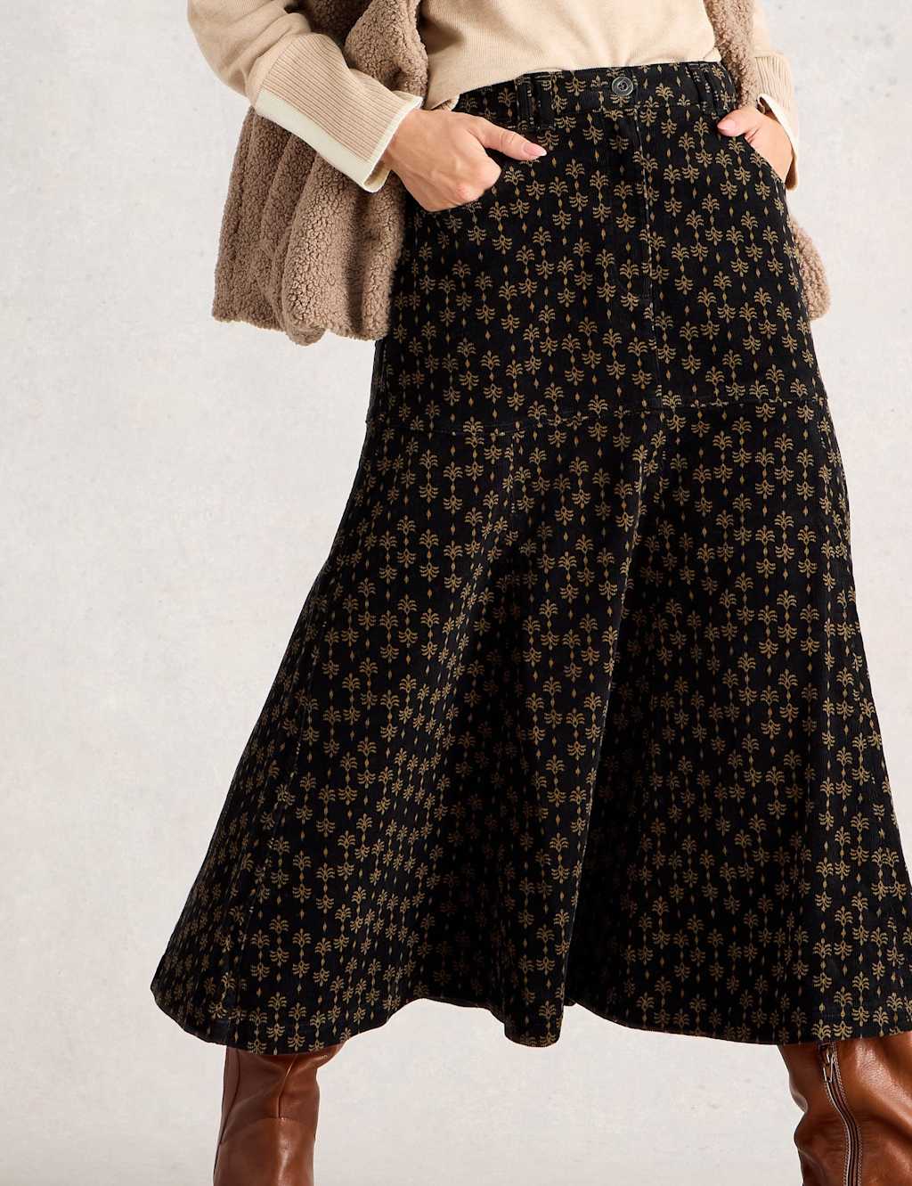 White Stuff Wool Blend Jacquard A-Line Skirt Black Mix