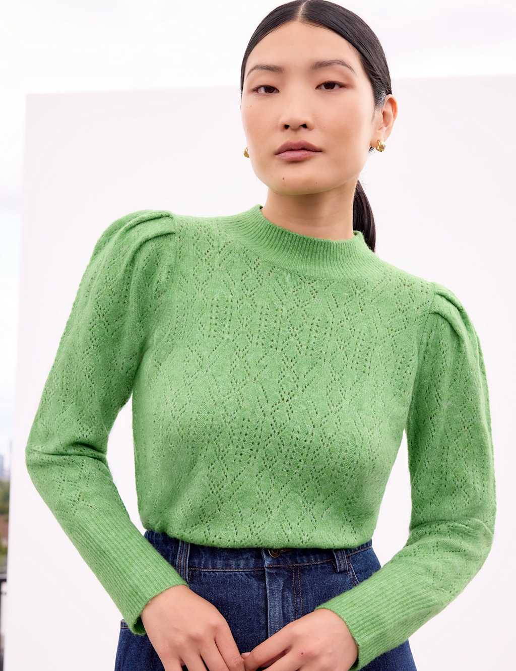 RO&ZO Pointelle Puff Sleeve Jumper Green