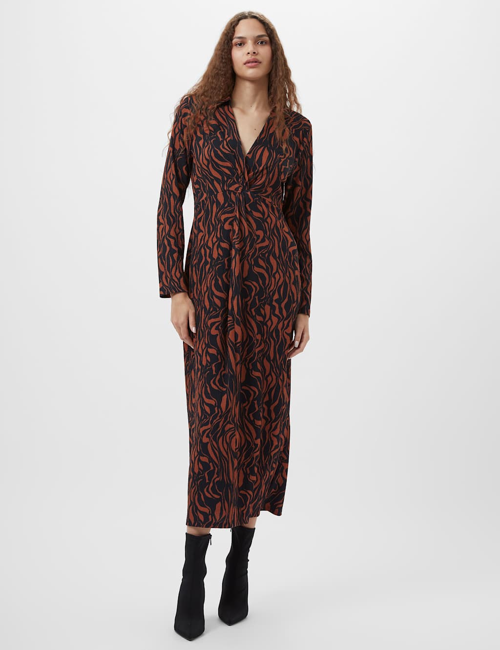 Jacquard V-Neck Twist Front Midi Shift Dress