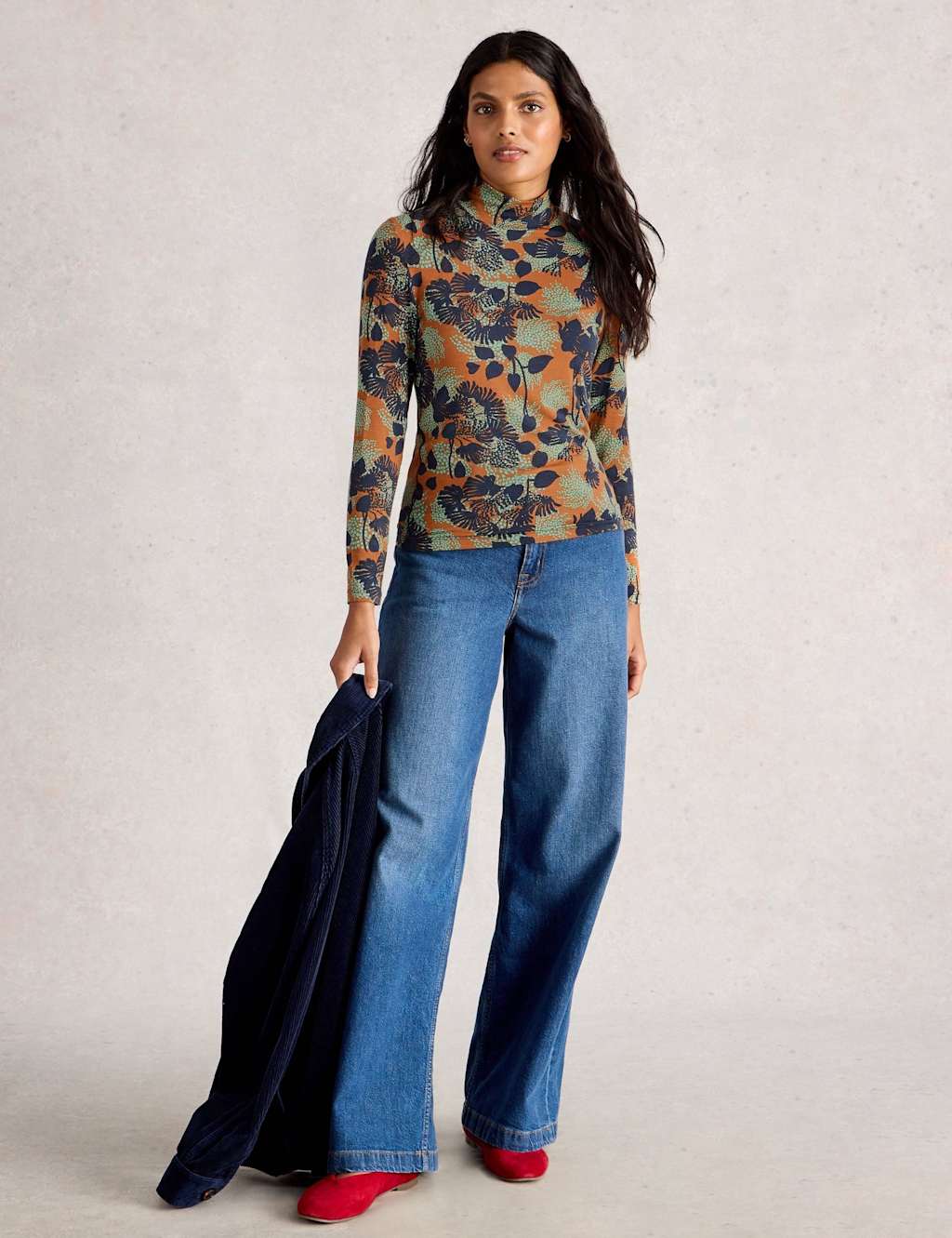 White Stuff Modal Rich Floral High Neck Top Orange Mix