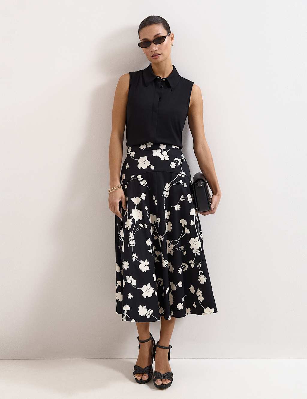 Phase Eight Women's Mavis Cotton Rich Floral Midi A-Line Skirt - 12 - Black Mix - Available at M&S