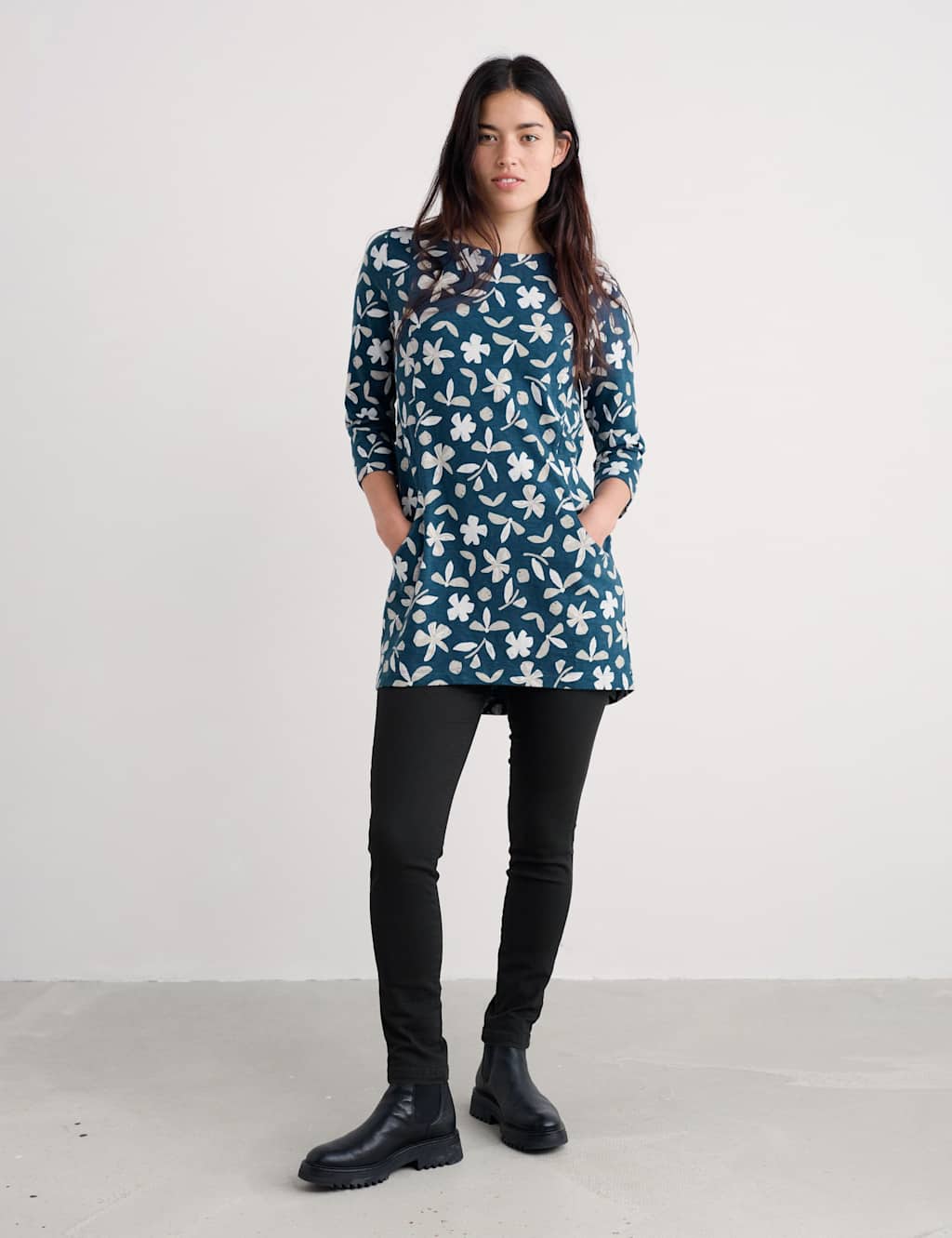 Seasalt Cornwall Pure Cotton Floral Relaxed Tunic Teal Mix