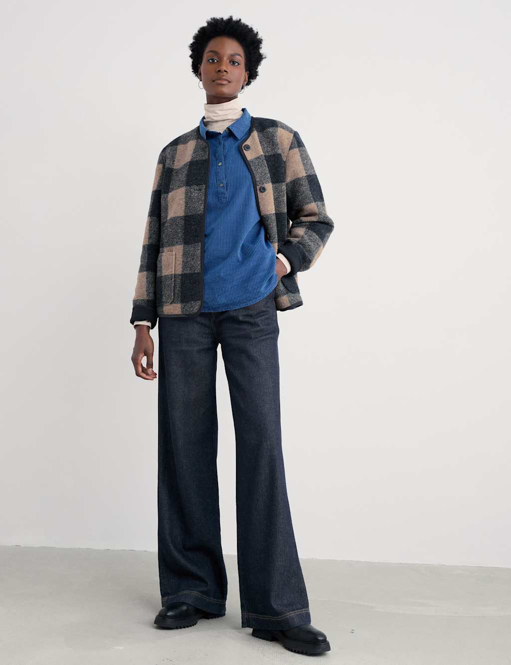 Seasalt Cornwall Relaxed Checked Collarless Jacket with Wool Navy