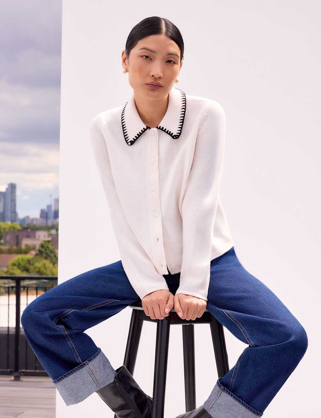 RO&ZO Textured Collared Cardigan with Wool Ivory Mix