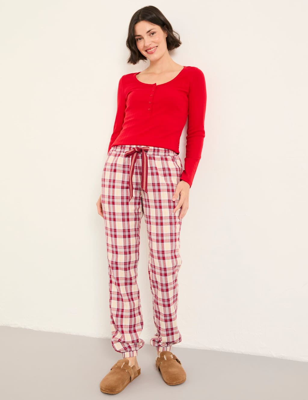 FatFace Pure Cotton Checked Pyjama Bottoms Purple