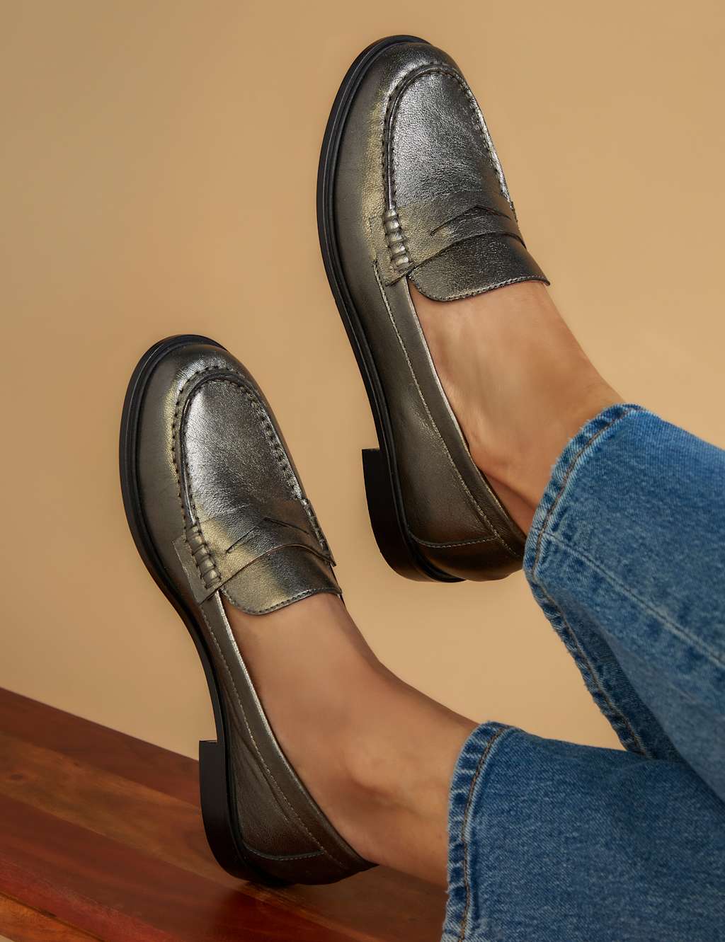 Wide Fit Leather Block Heel Loafers