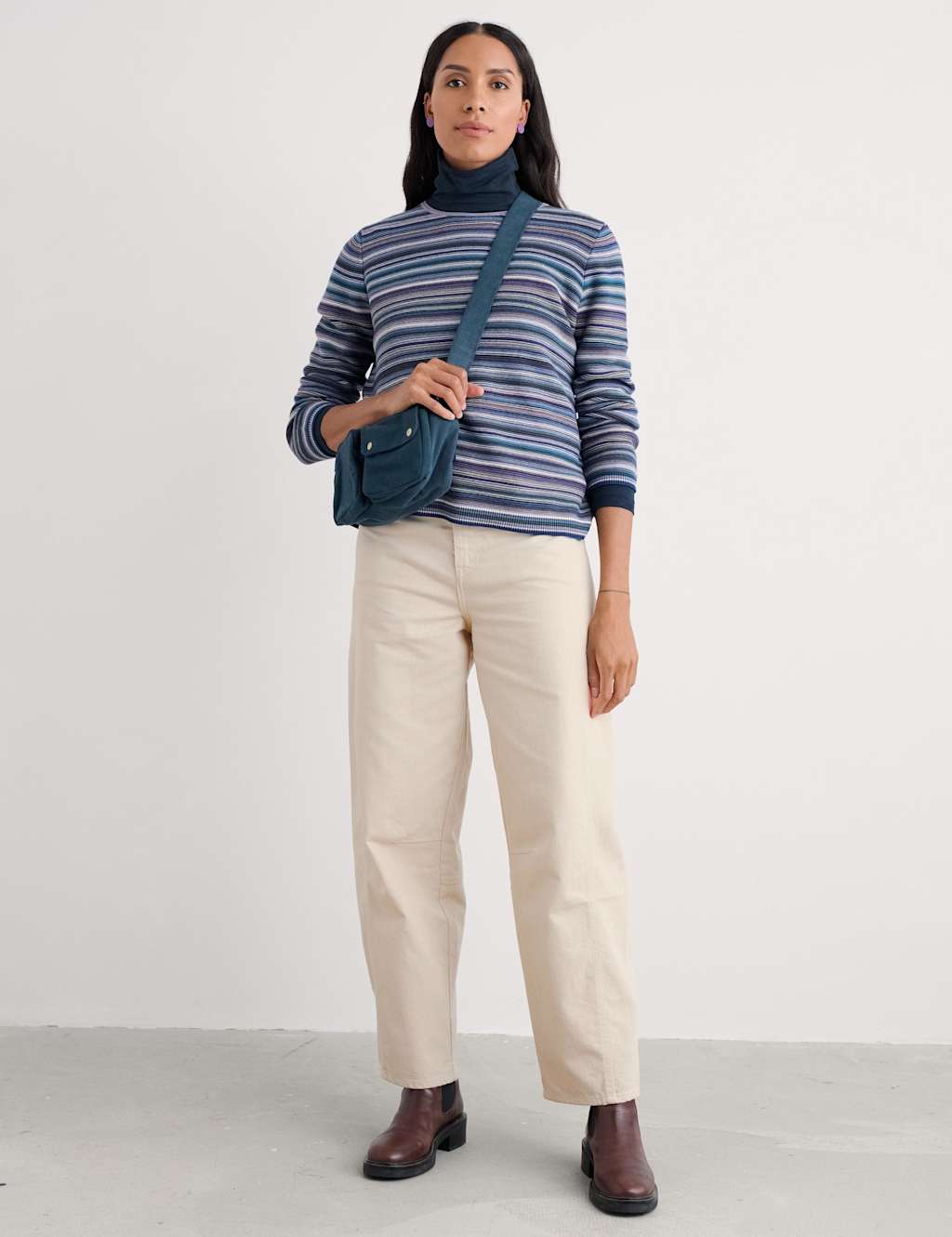 Seasalt Cornwall Pure Cotton Striped Crew Neck Jumper Purple Mix