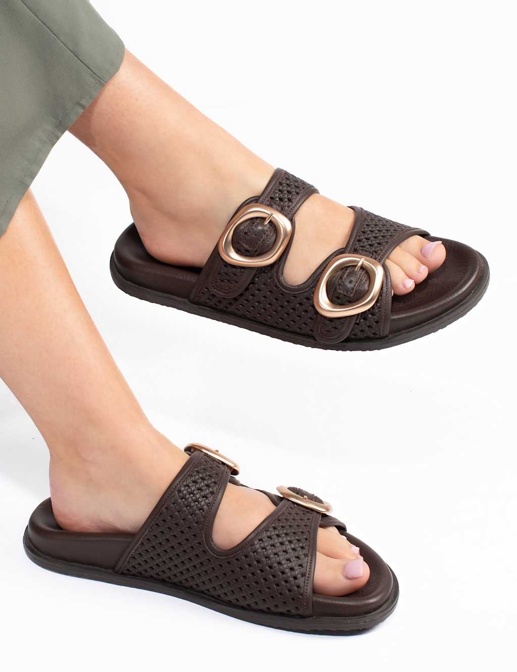 Jones Bootmaker Women's Leather Buckle Flat Sliders - 4 - Chocolate - Available at M&S