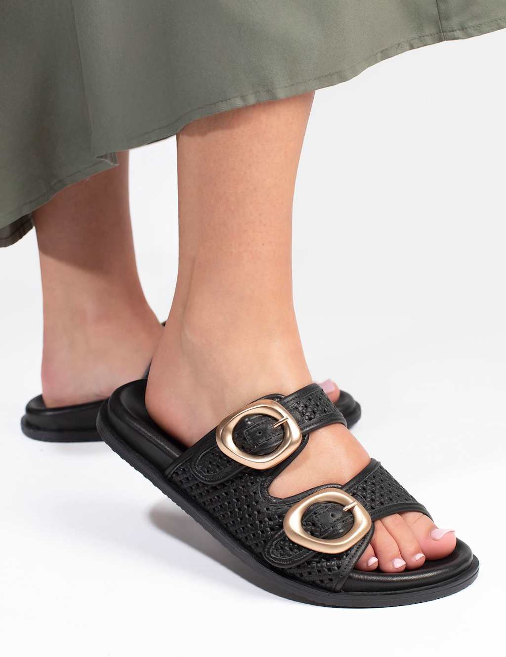 Jones Bootmaker Women's Leather Buckle Flat Sliders - 7 - Black - Available at M&S