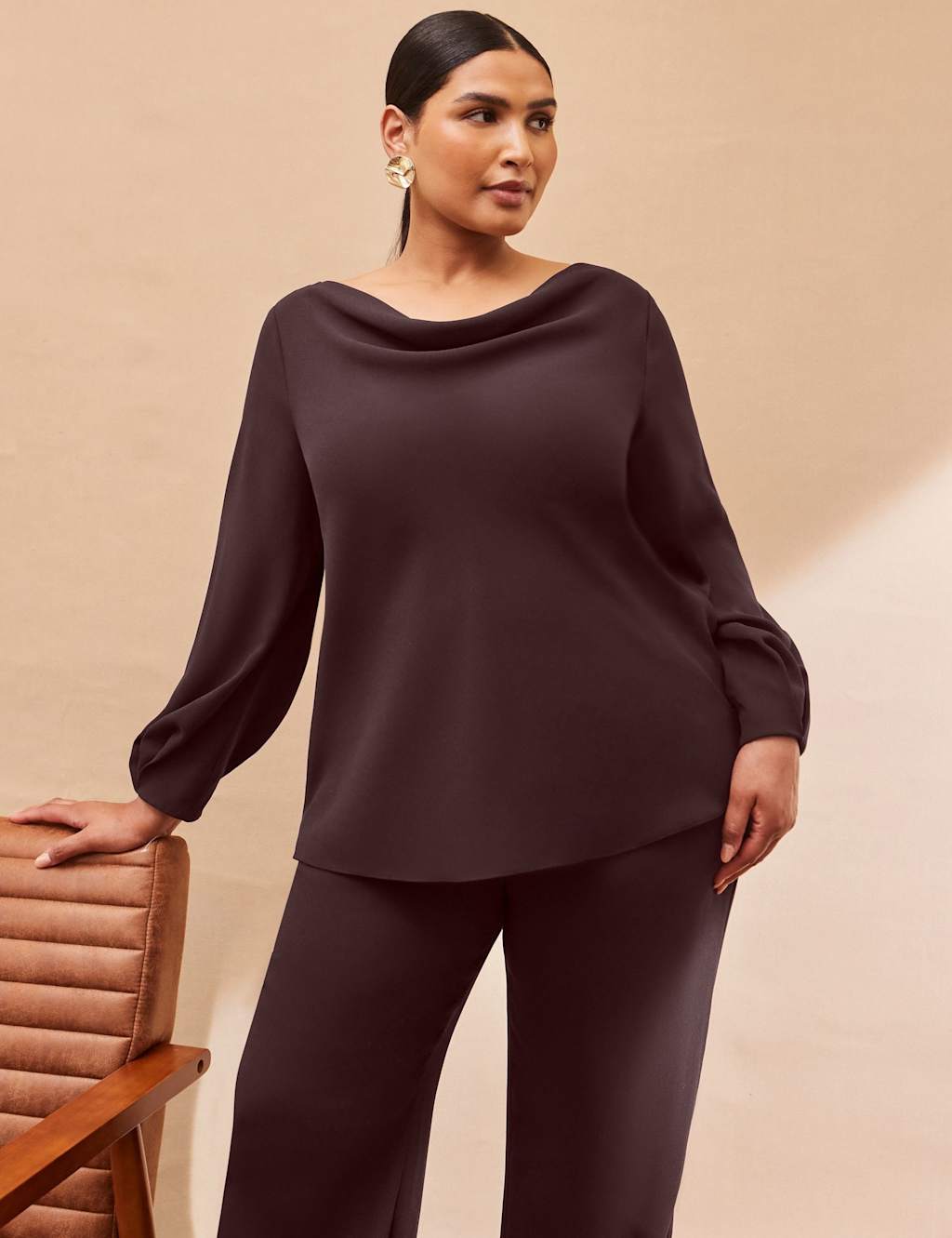 Live Unlimited London Cowl Neck Blouse Brown