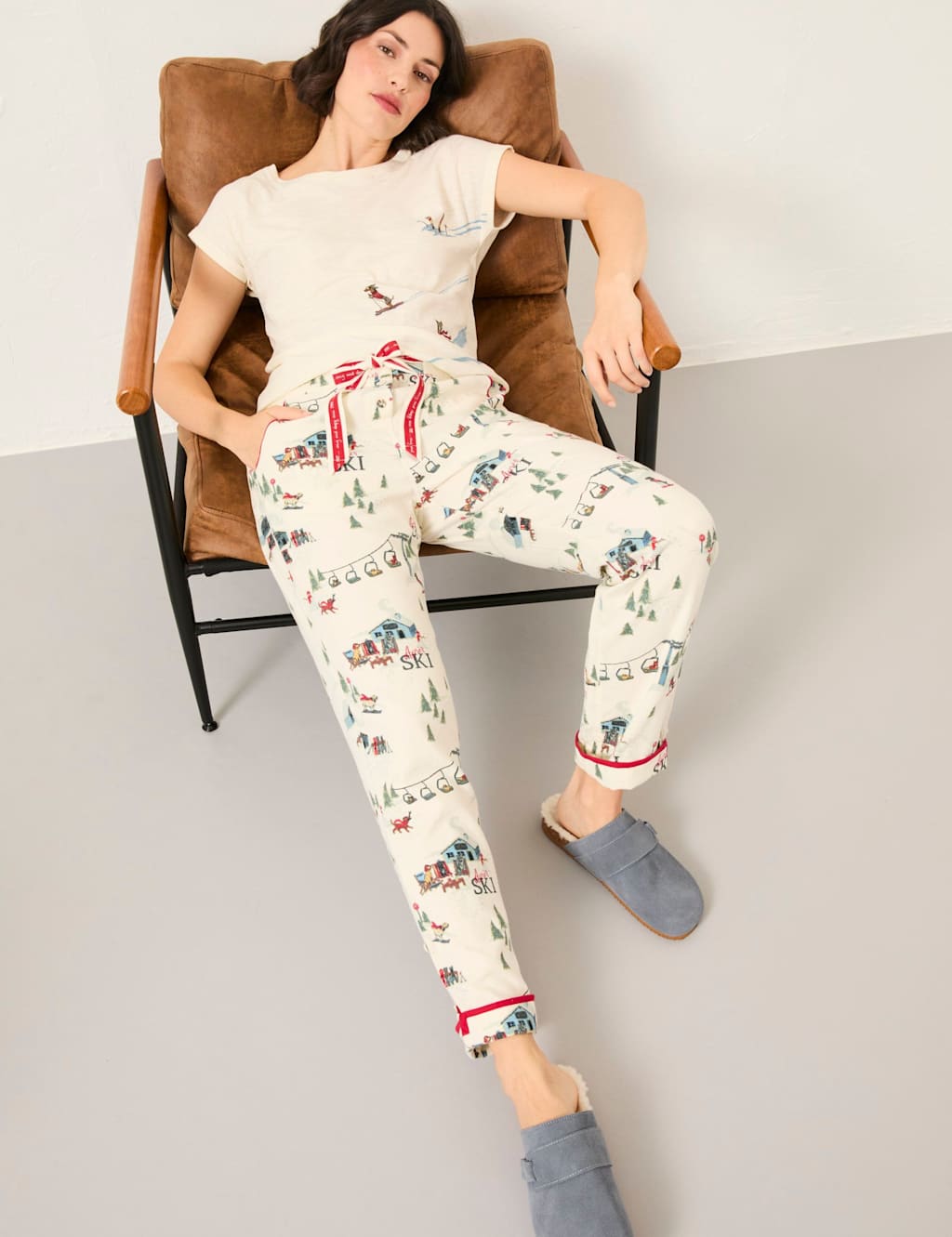 FatFace Pure Cotton Apres Ski Dog Pyjama Bottoms Ivory Mix