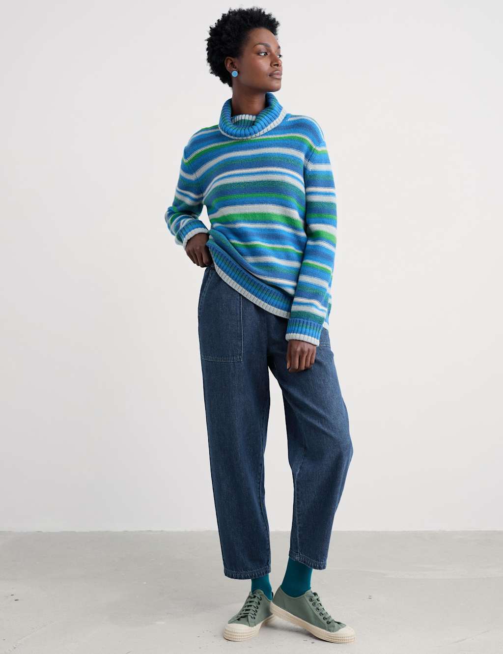 Seasalt Cornwall Lambswool Rich Striped Roll Neck Jumper Blue Mix