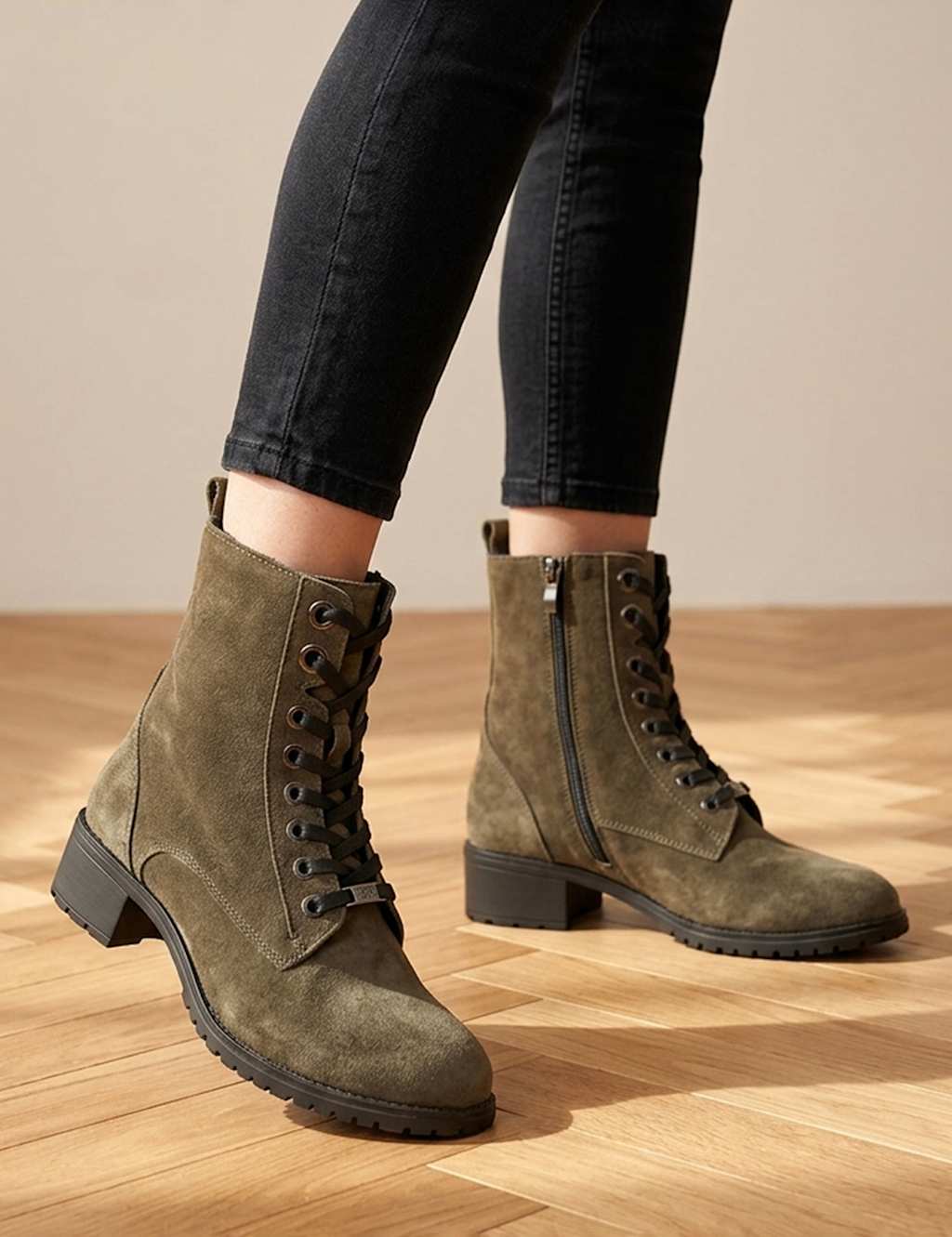 Jones Bootmaker Women's Leather Lace Up Block Heel Ankle Boots - 5 - Olive - Available at M&S