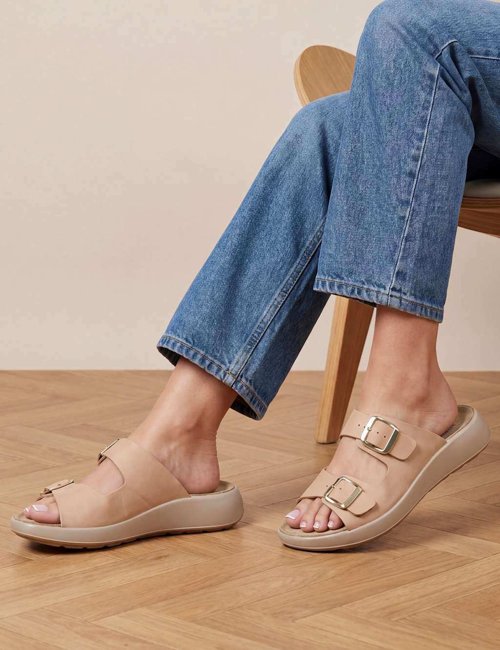 Jones Bootmaker Women's Leather Buckle Flatform Sliders - 4 - Beige - Available at M&S