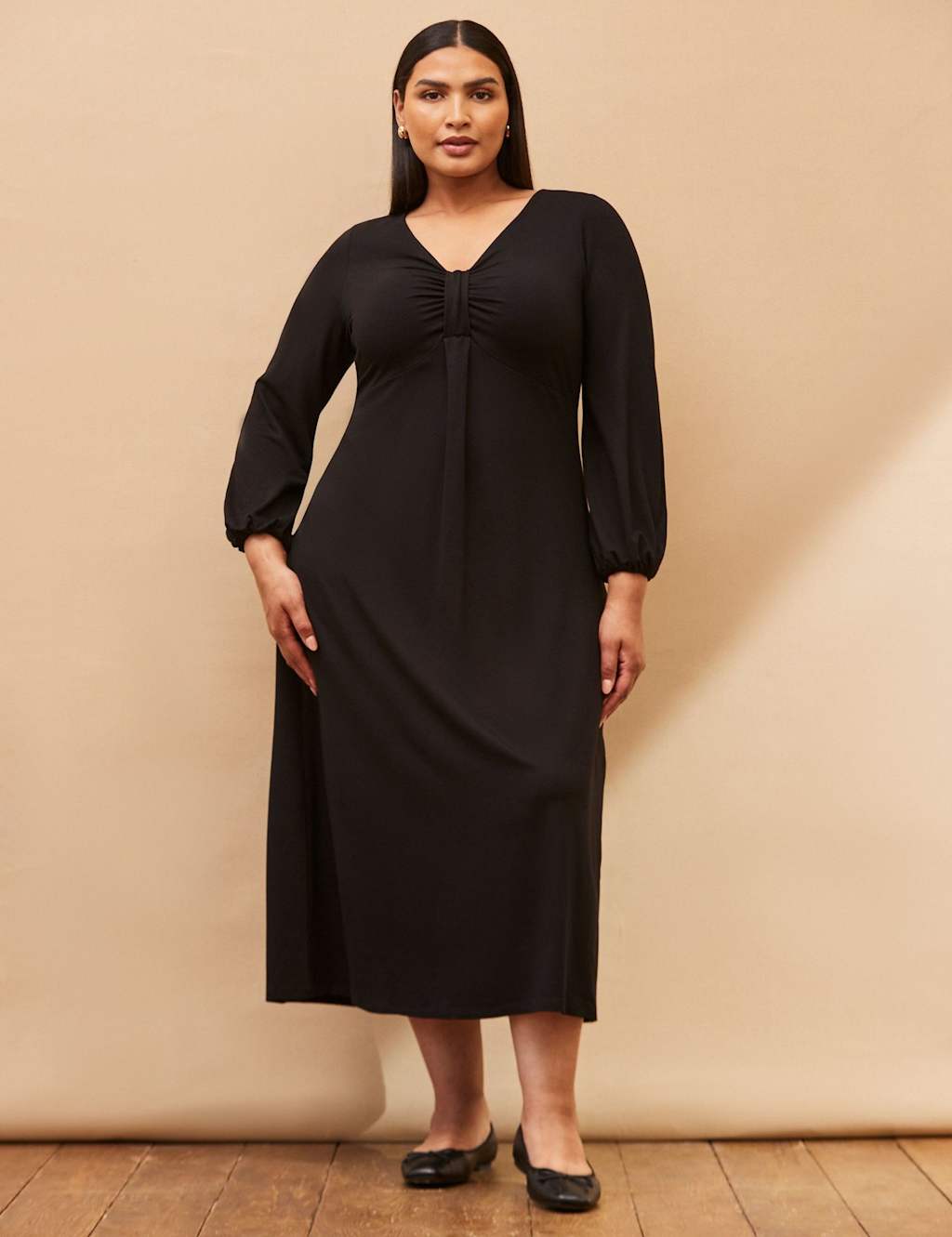 Live Unlimited London Jersey V-Neck Pleat Detail Midi Tea Dress Black
