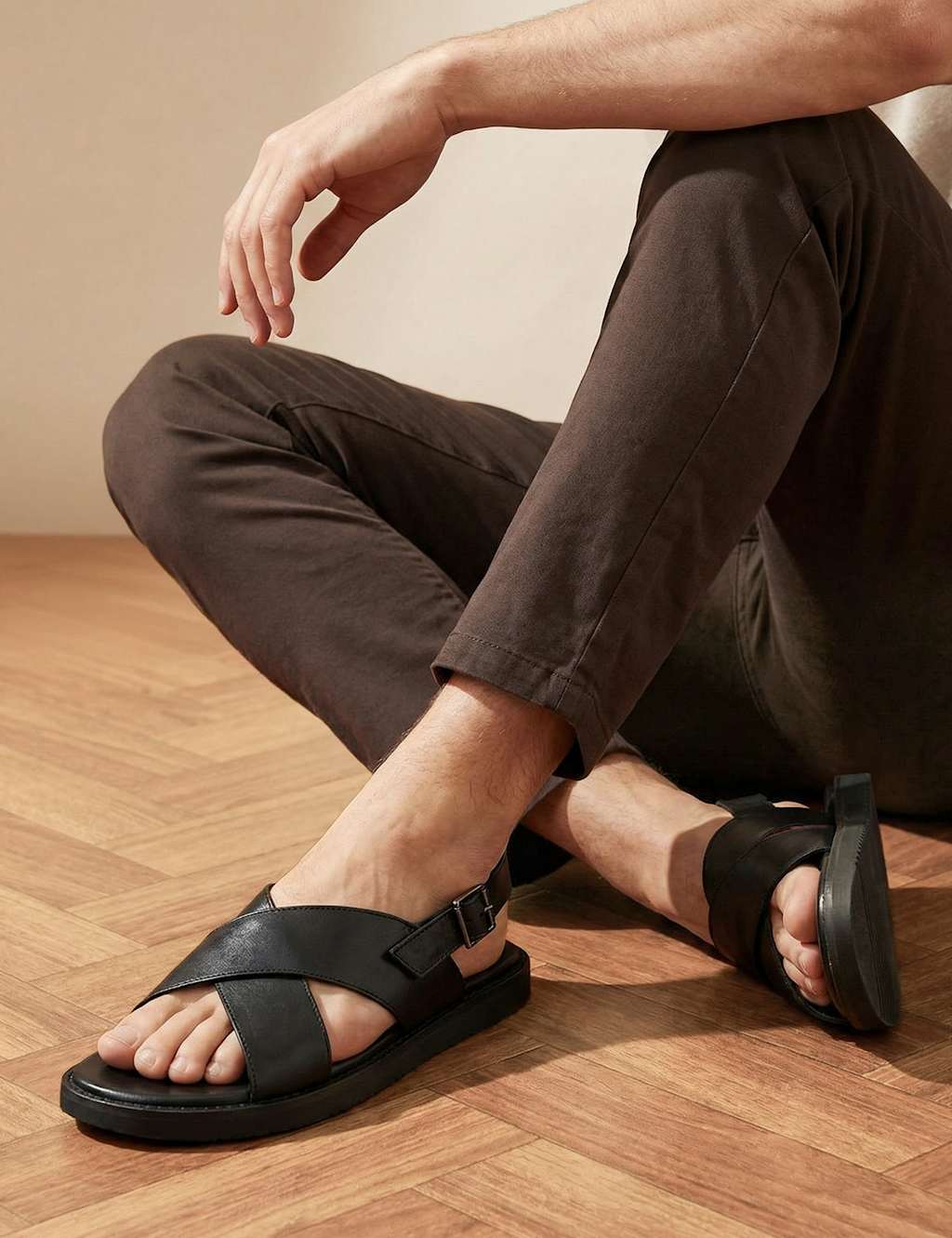 Jones Bootmaker Men's Leather Crossover Strap Sandals - 9 - Black - Available at M&S