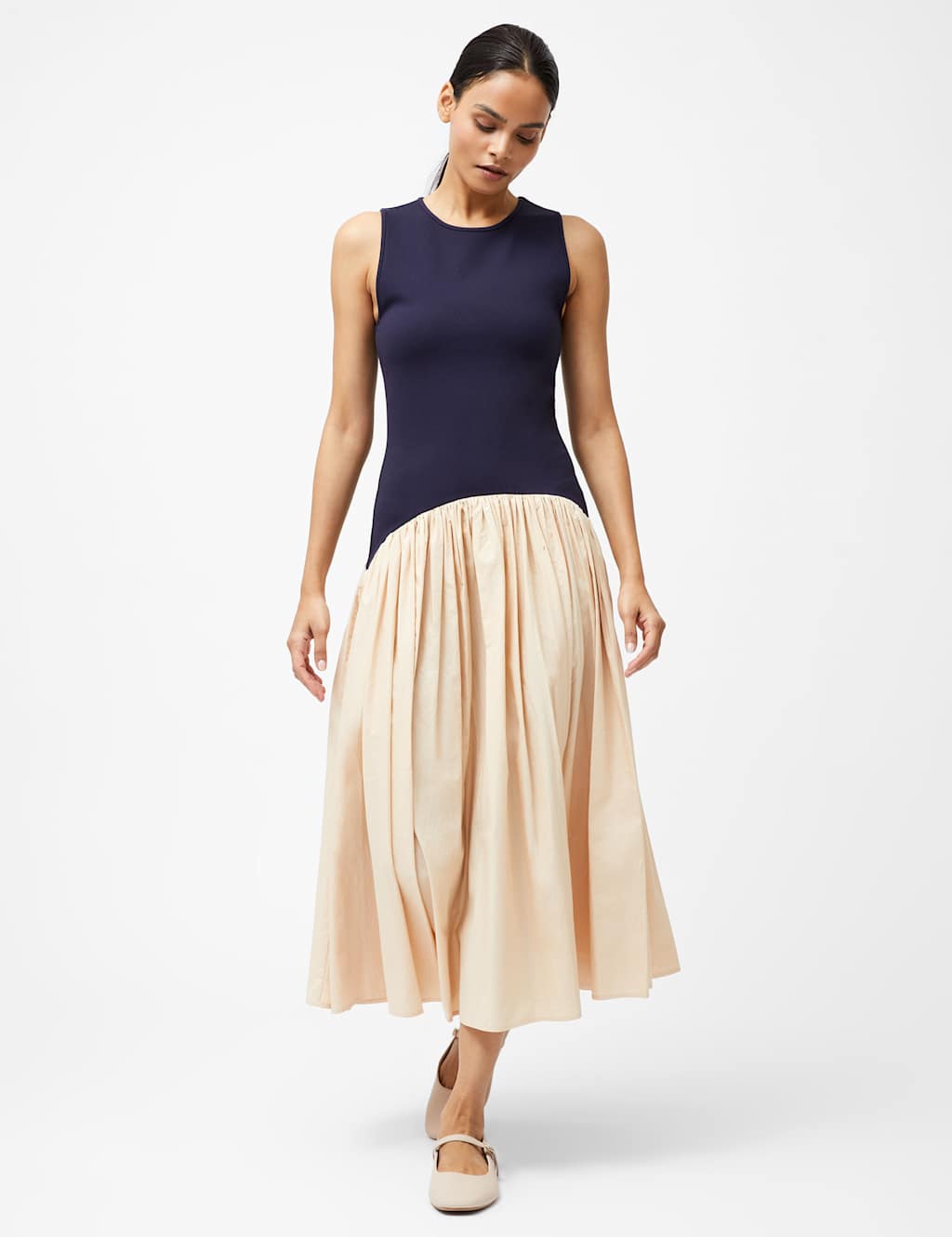 Round Neck Mix Pleated Midi Drop Waist Dress