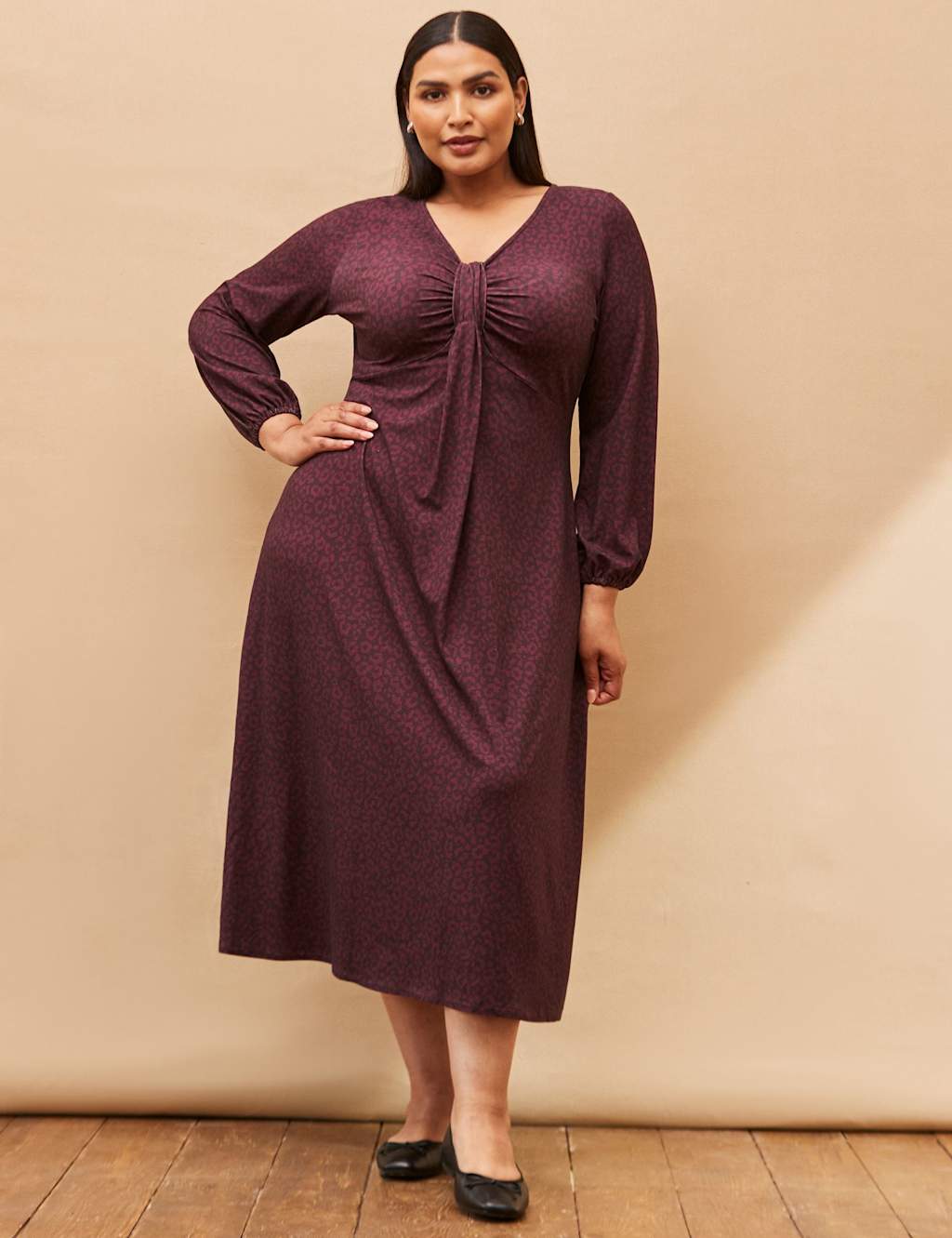 Live Unlimited London Printed V-Neck Blouson Sleeve Midi Dress Purple