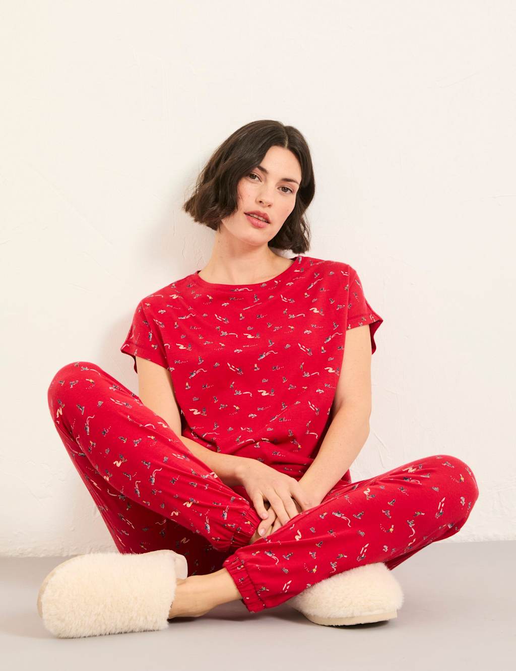 FatFace Cotton Modal Ski Print Pyjama Set Red Mix