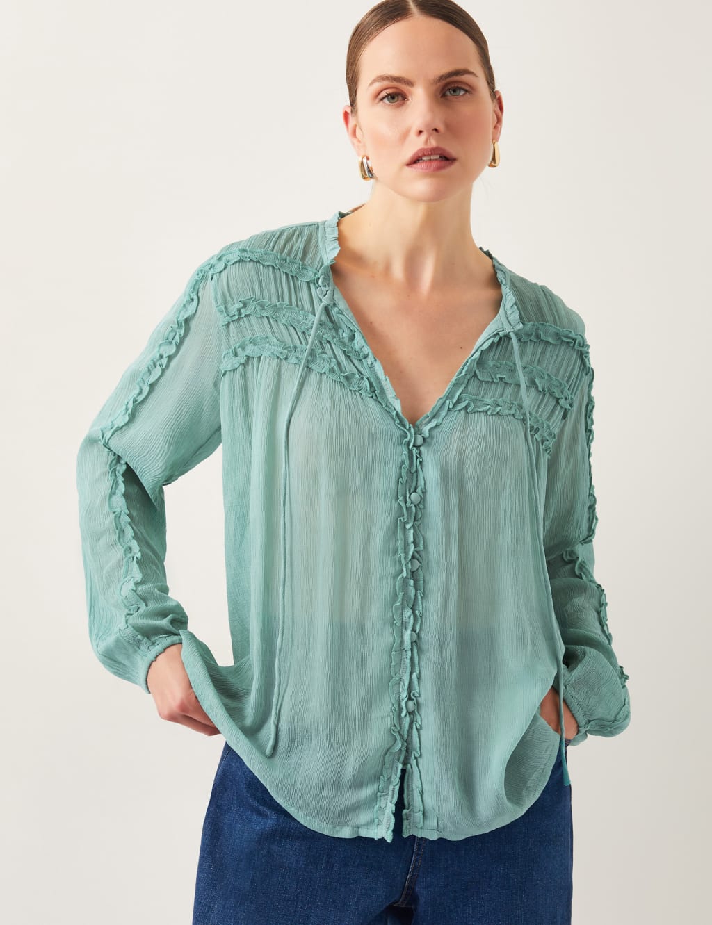 Tie Neck Button Through Ruffle Blouse