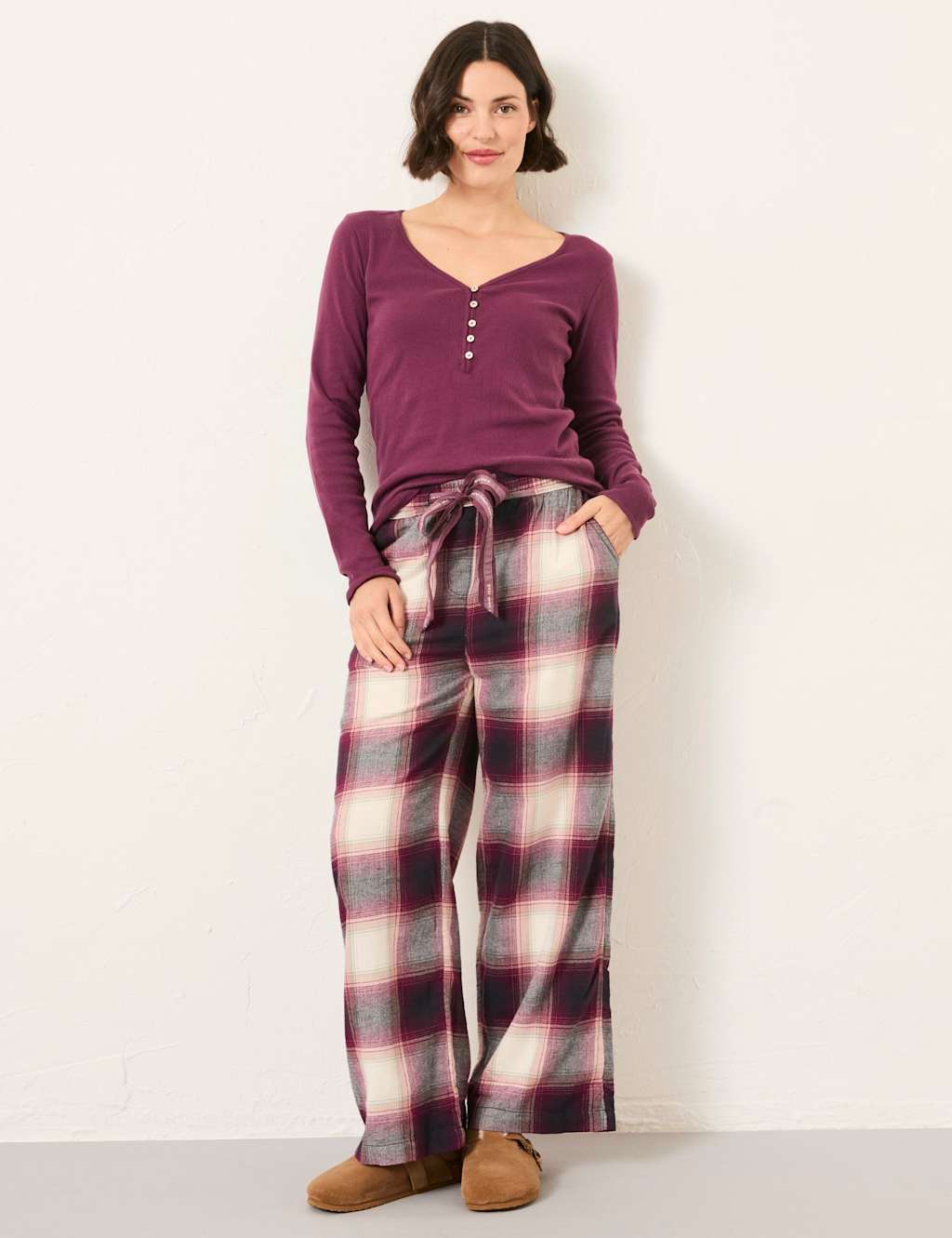 FatFace Pure Cotton Checked Pyjama Bottoms Purple