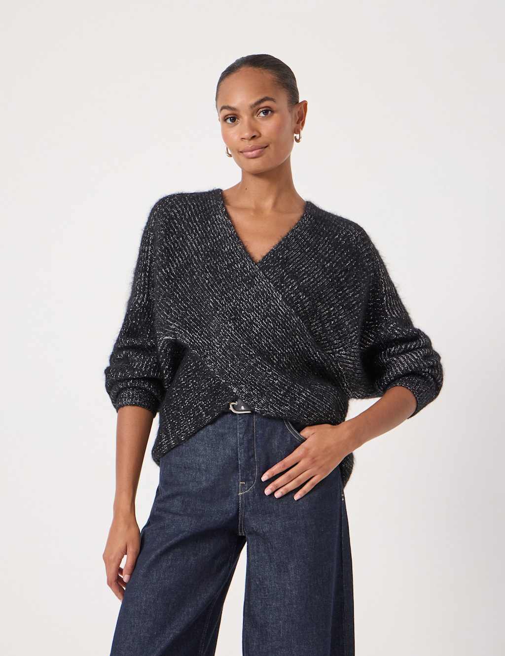 HUSH Metallic V-Neck Jumper with Wool and Alpaca Black Mix