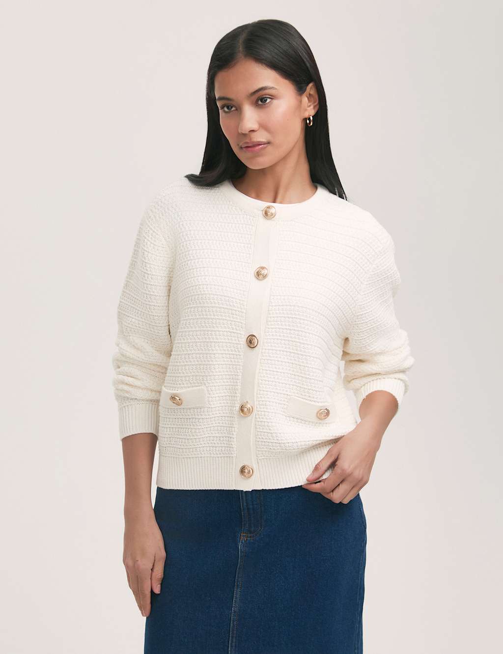 Pure Cotton Crew Neck Button Front Cardigan