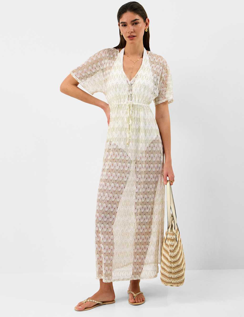 Accessorize Women's Textured V-Neck Maxi Kaftan Beach Dress - Medium - White Mix - Available at M&S