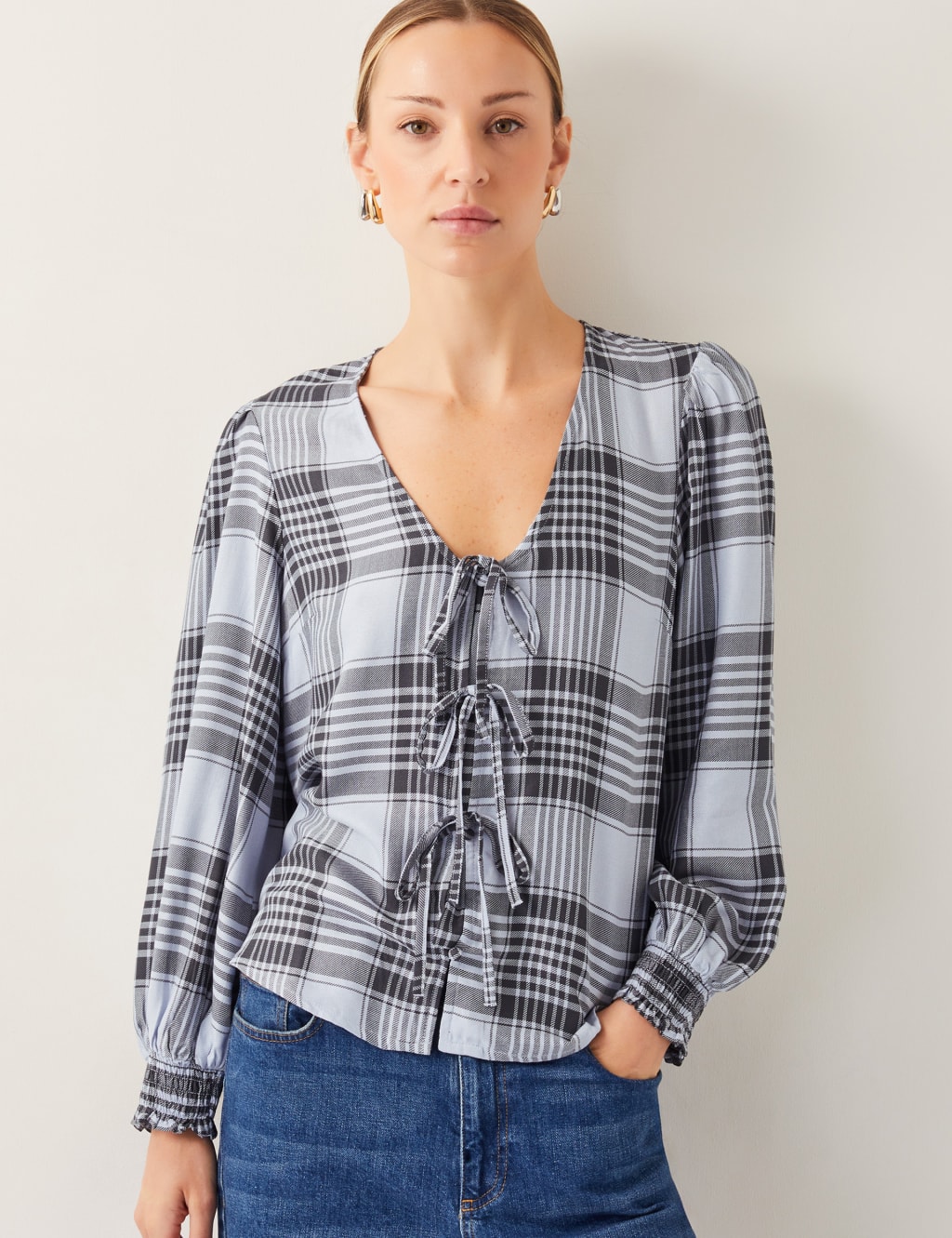 Checked V-Neck Tie Front Puff Sleeve Blouse