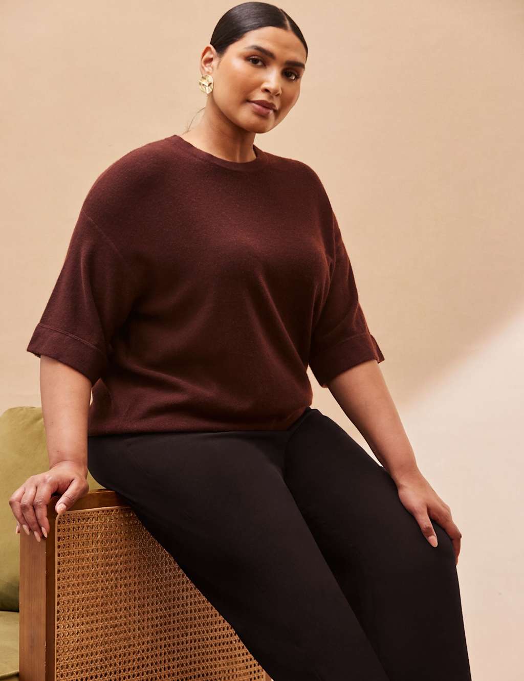 Live Unlimited London Wool Blend Ribbed Crew Neck T-Shirt Brown