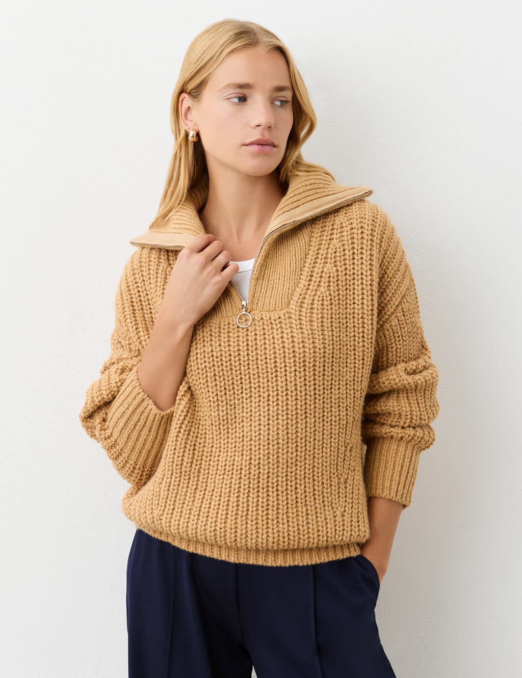 Textured Collared Half Zip Jumper with Wool