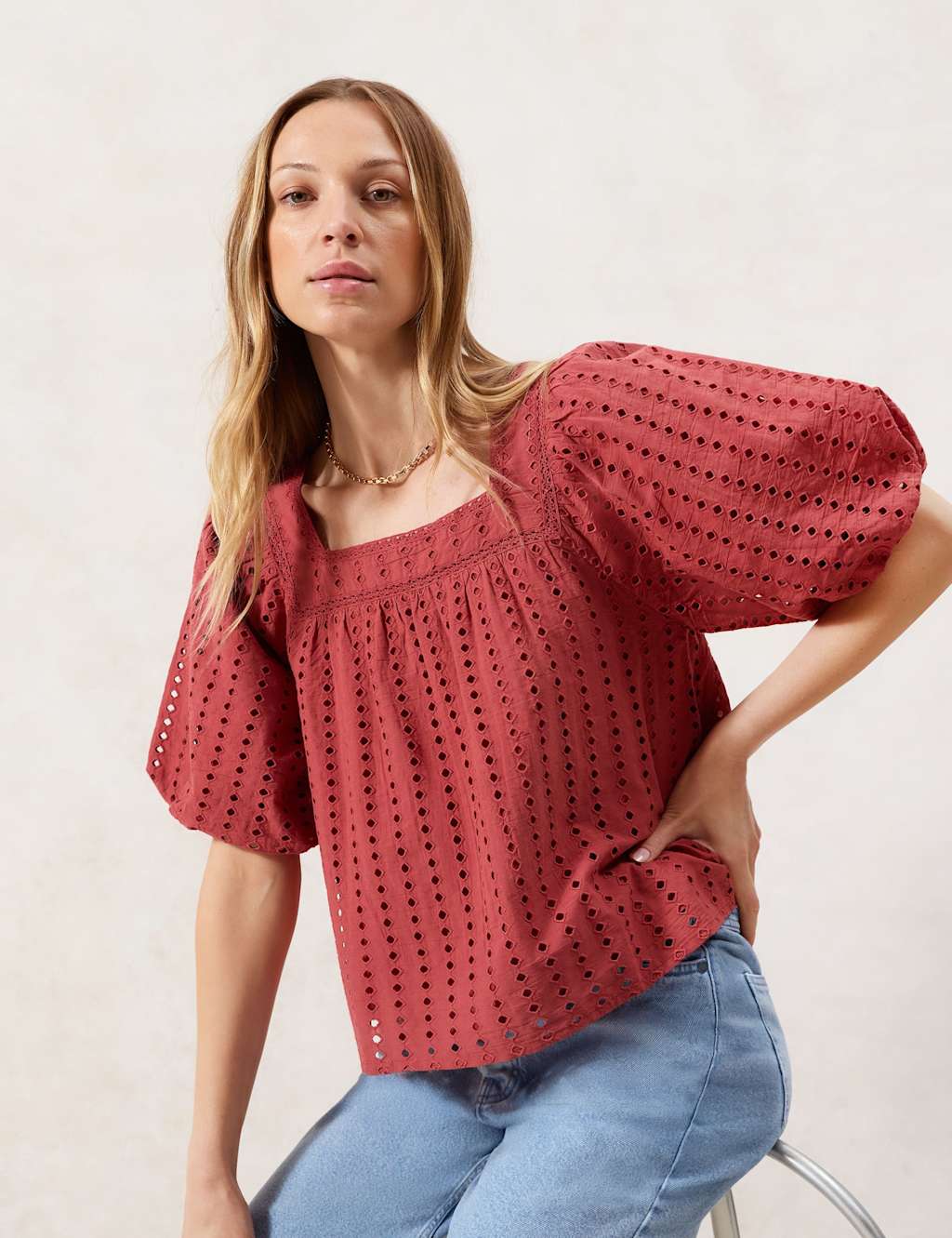 Ro&Zo Women's Rust Broderie Anglaise Cotton Smock Top - 16REG - Red Mix, Red Mix