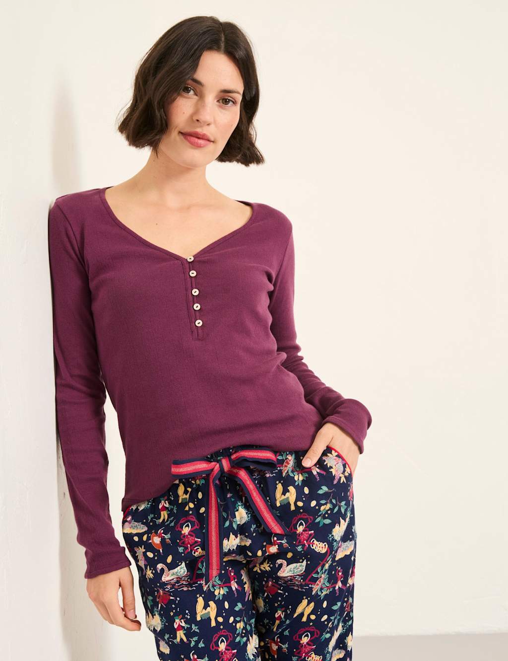 FatFace Pure Cotton Pointelle Pyjama Top Purple