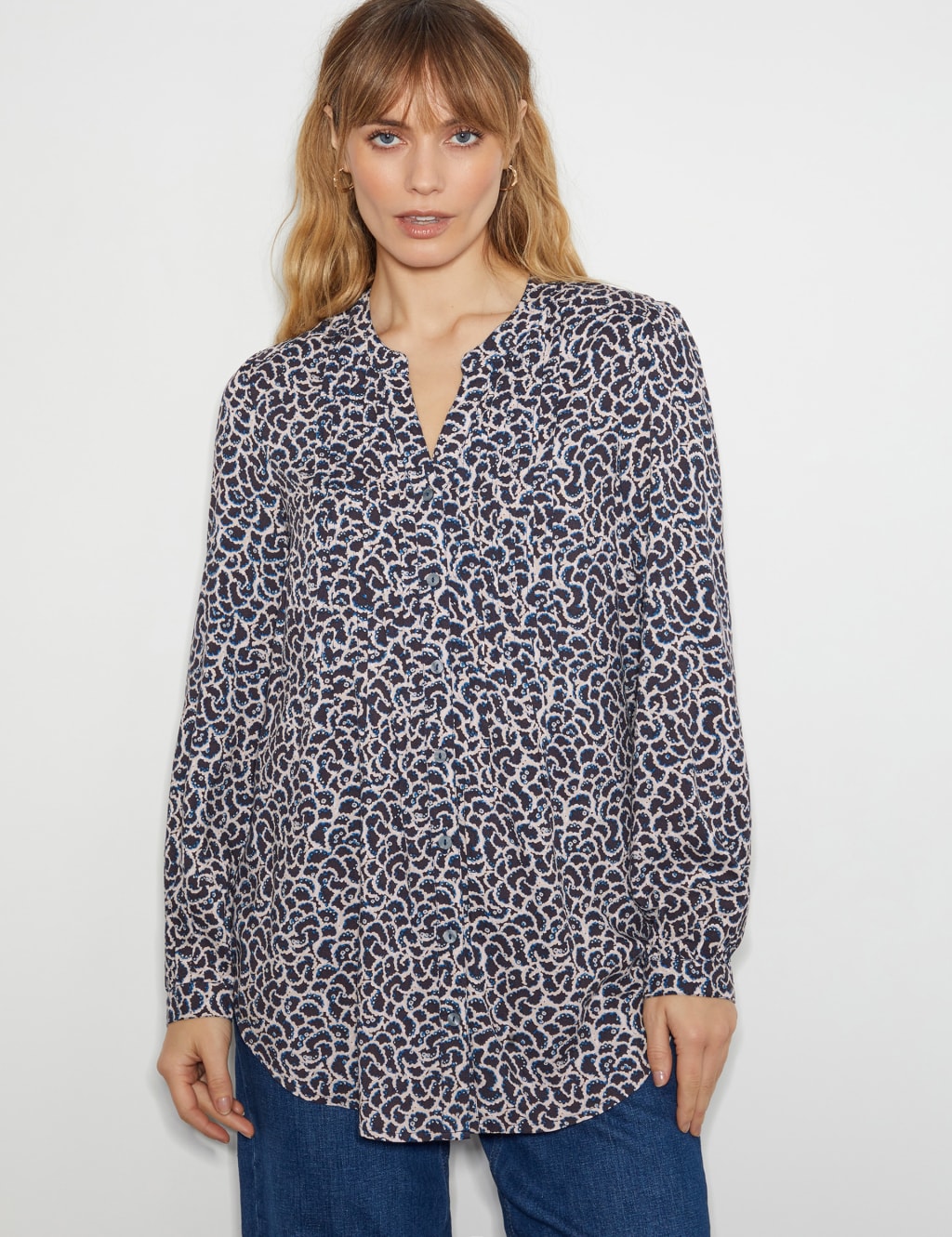 Printed V-Neck Button Through Blouse