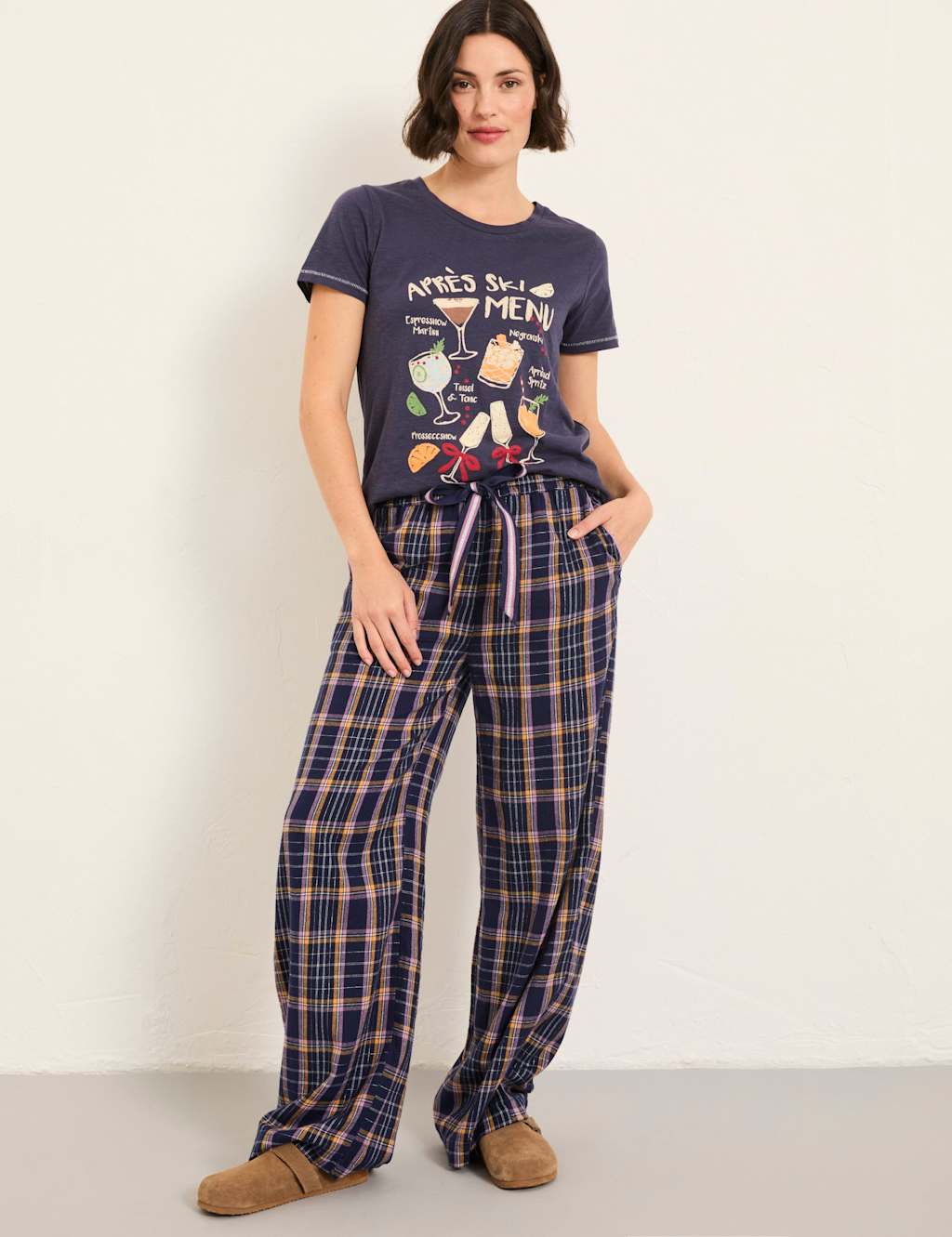 FatFace Pure Cotton Metallic Checked Pyjama Bottoms Navy