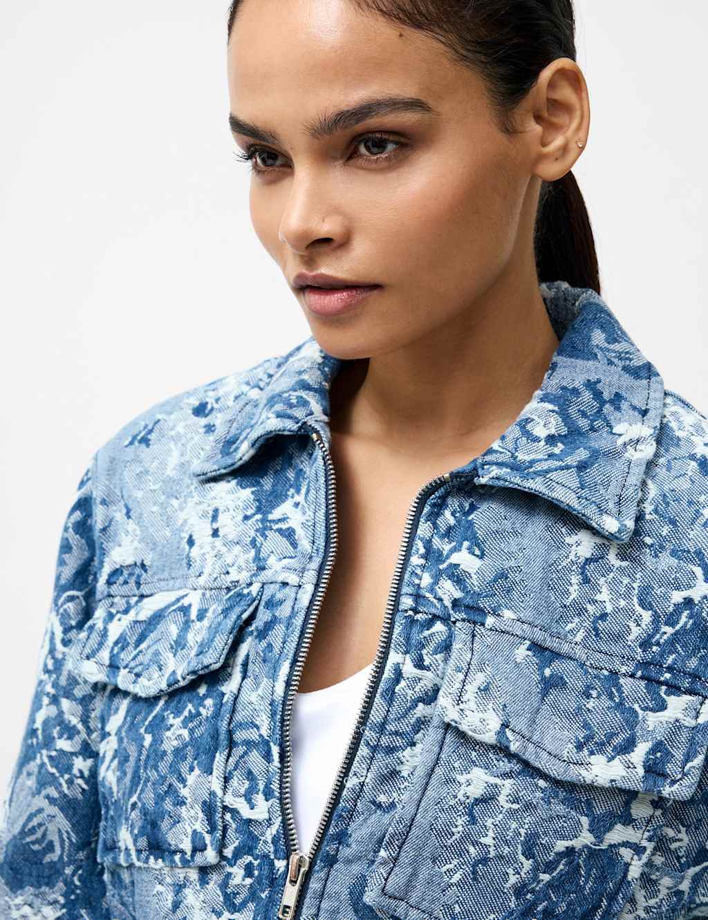 Denim Jacquard Collared Jacket