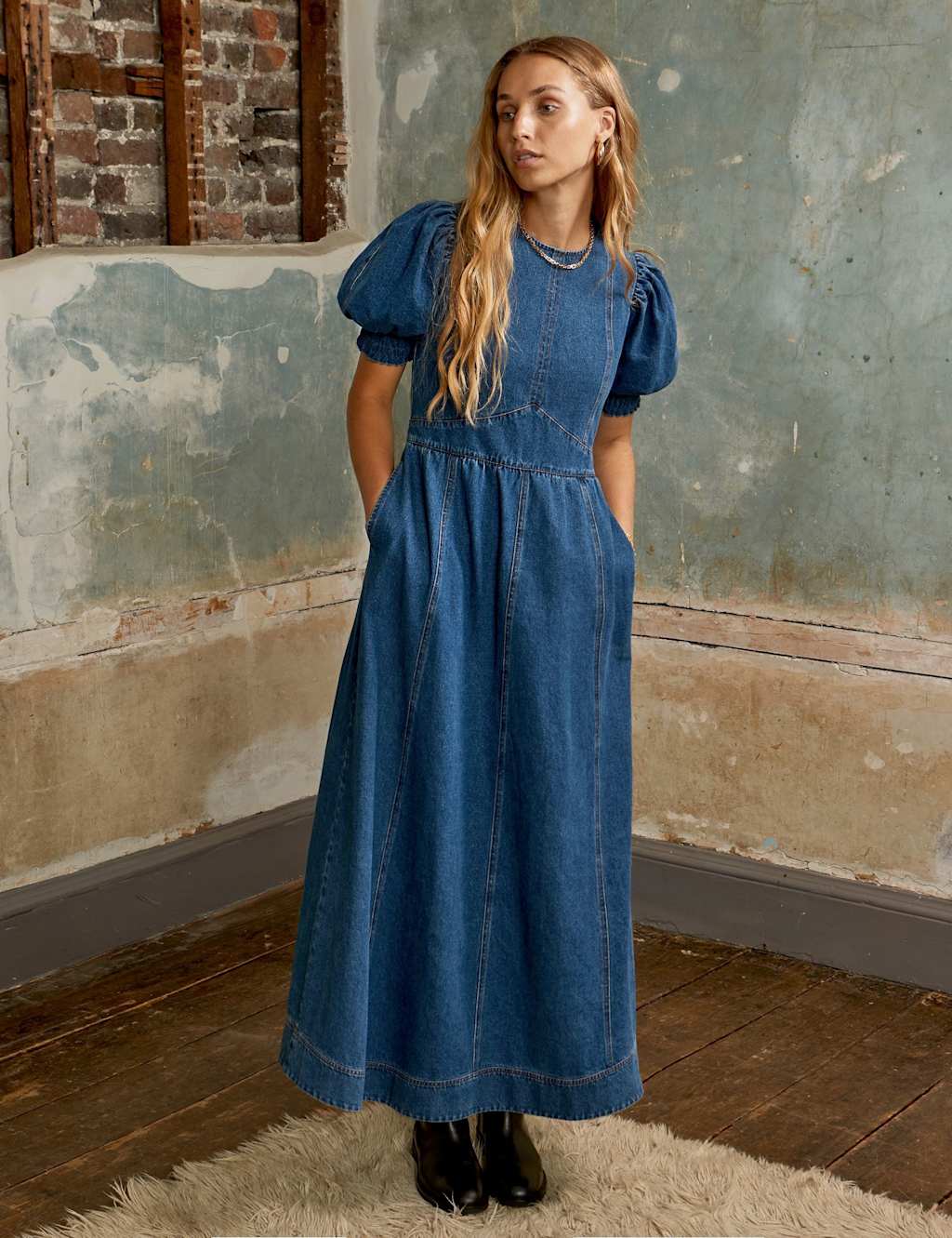 RO&ZO Denim Puff Sleeve Midaxi Waisted Dress Blue Denim