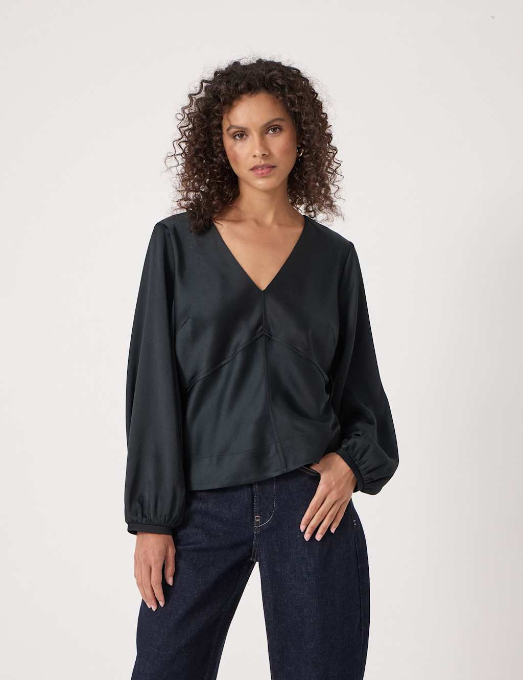 HUSH Satin V-Neck Top Black