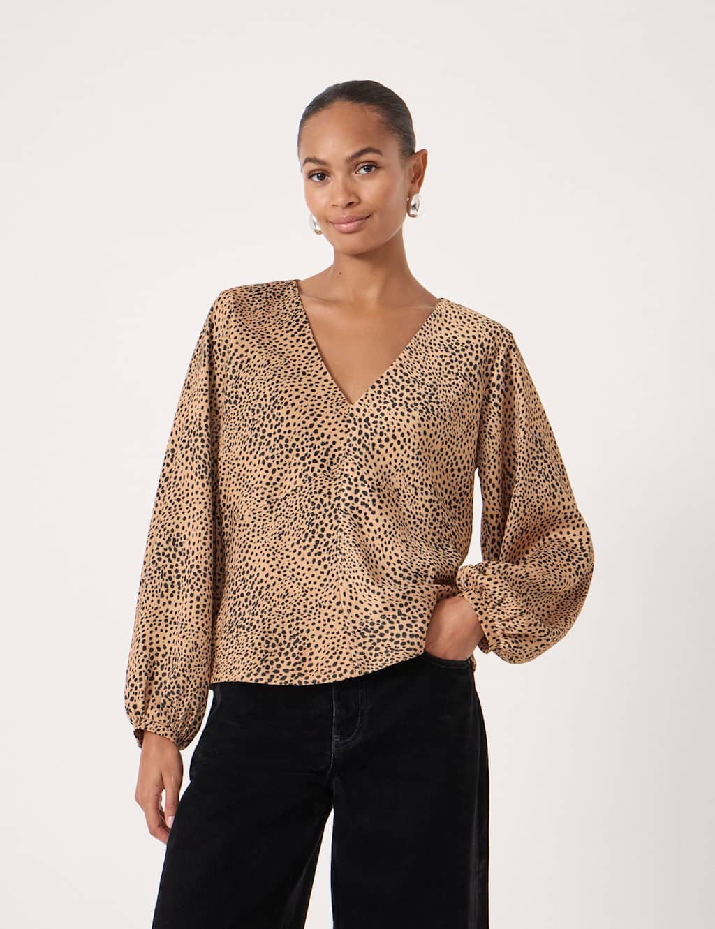 HUSH Satin Leopard Print V-Neck Top Brown Mix
