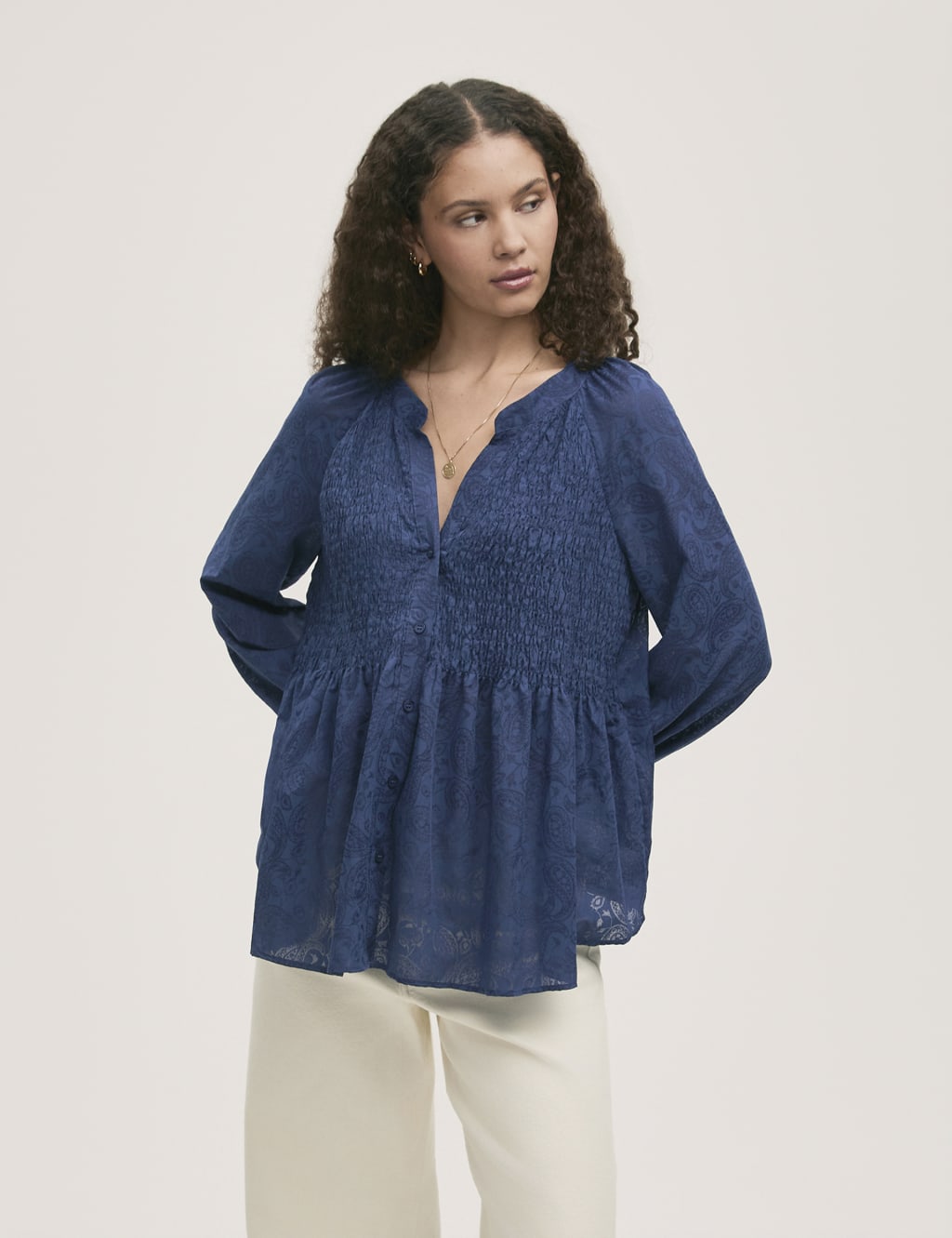 Cotton Rich Chiffon Paisley Shirred Blouse