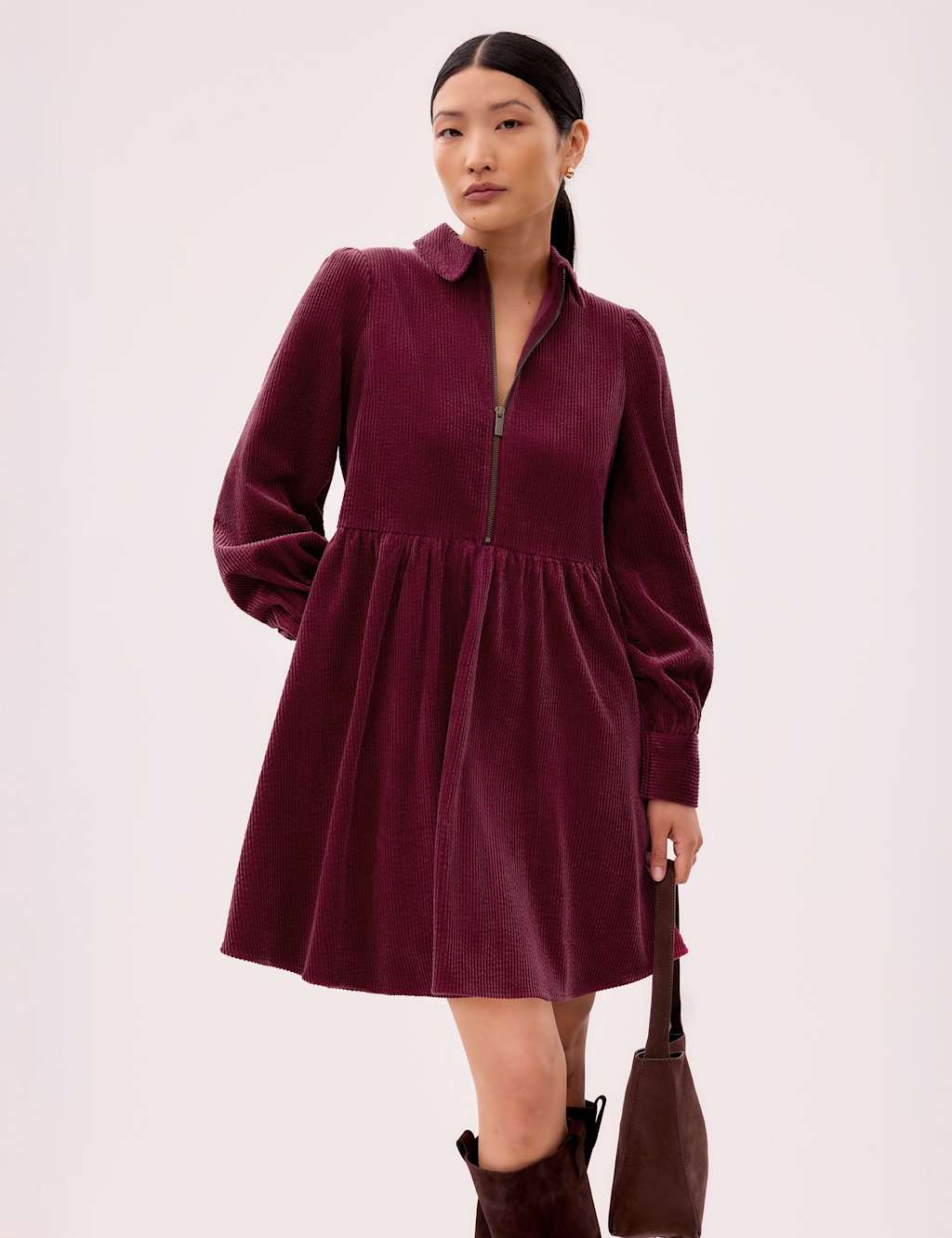 RO&ZO Pure Cotton Cord Zip Up Mini Swing Dress Berry