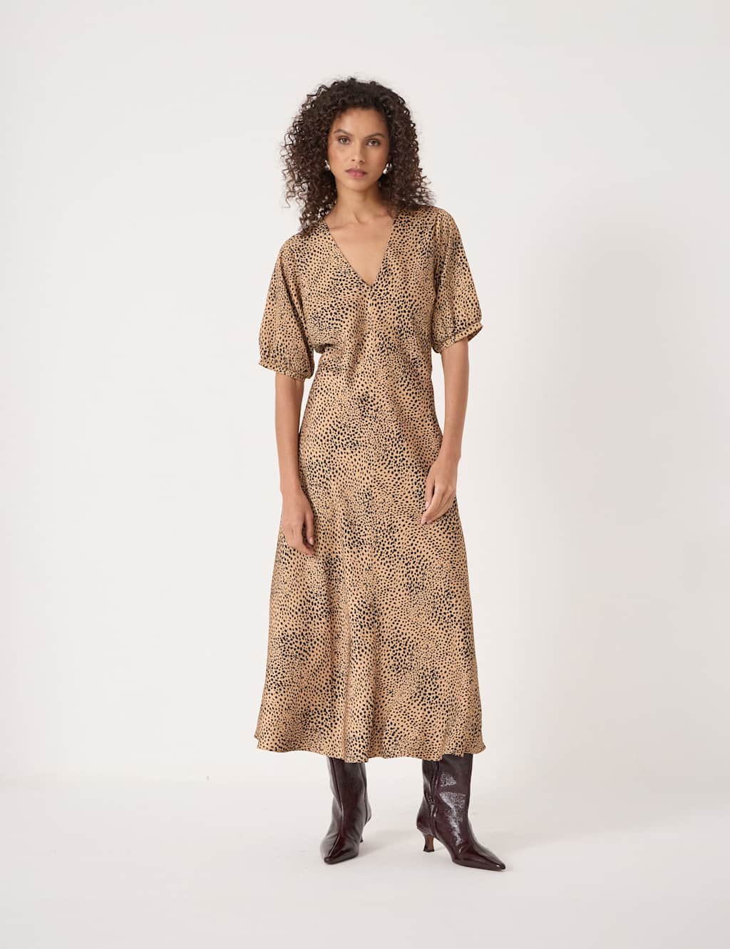 HUSH Satin Leopard Print V-Neck Puff Sleeve Midi Tea Dress Brown Mix