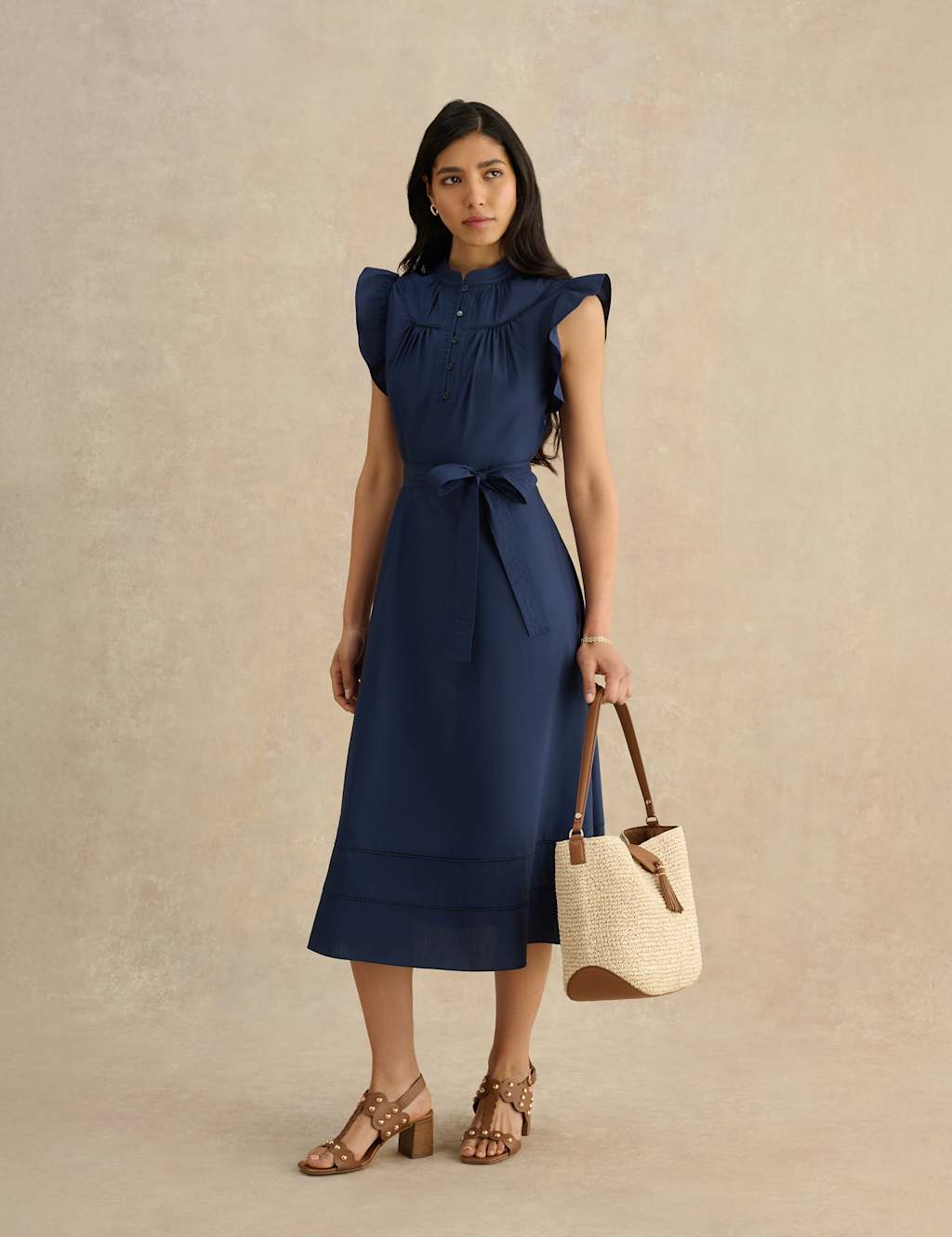Hobbs Women's Pure Cotton High Neck Midi Waisted Dress - 12 - Blue - Available at M&S
