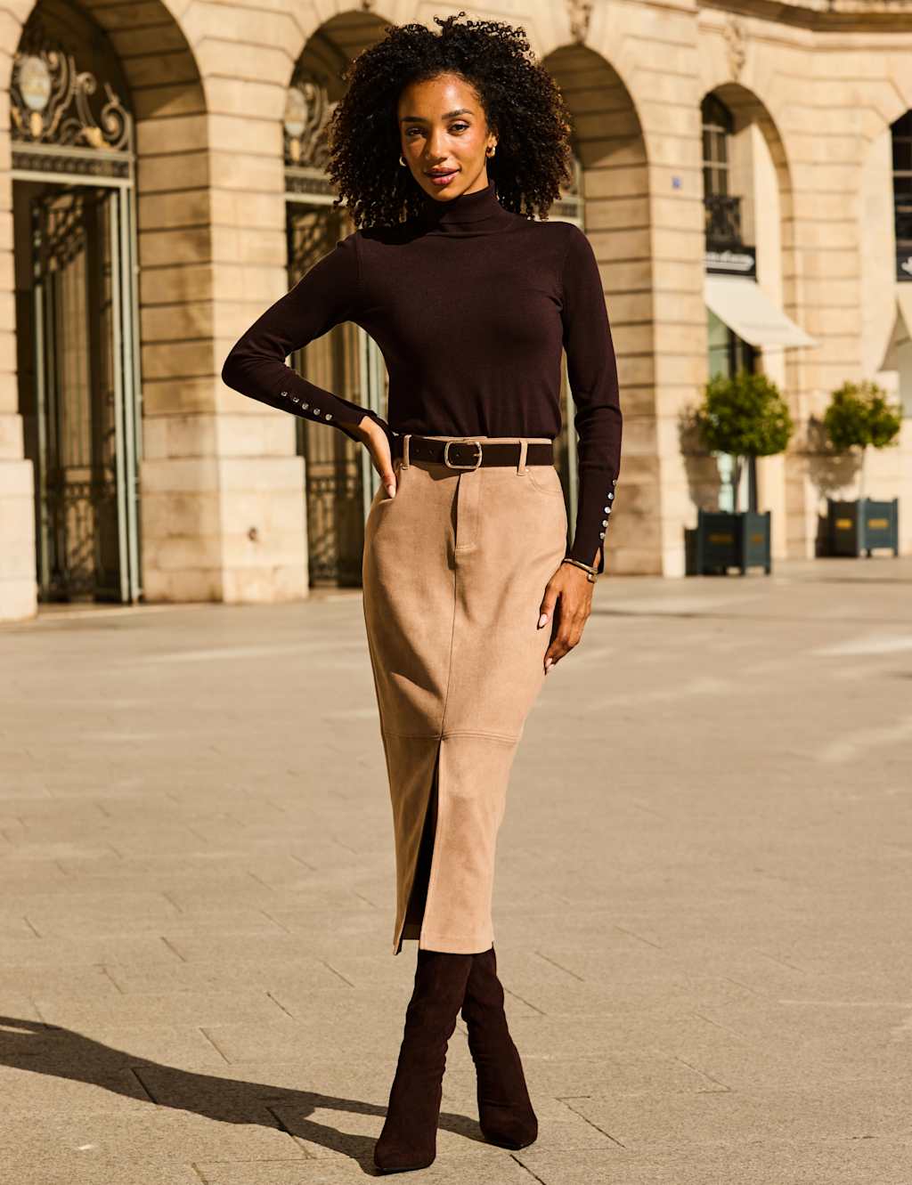 Sosandar Women's Faux Suede Split Front Midi Pencil Skirt - 14 - Taupe - Available at M&S