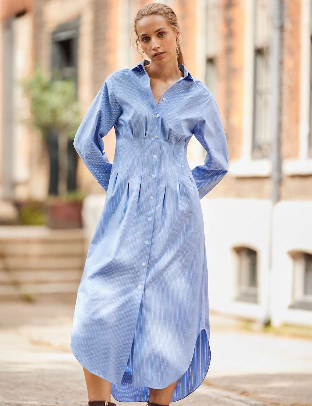 RO&ZO Cotton Rich Striped Midaxi Shirt Dress Light Blue Mix