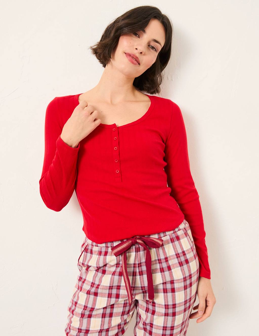 FatFace Cotton Rich Henley Pyjama Top Red